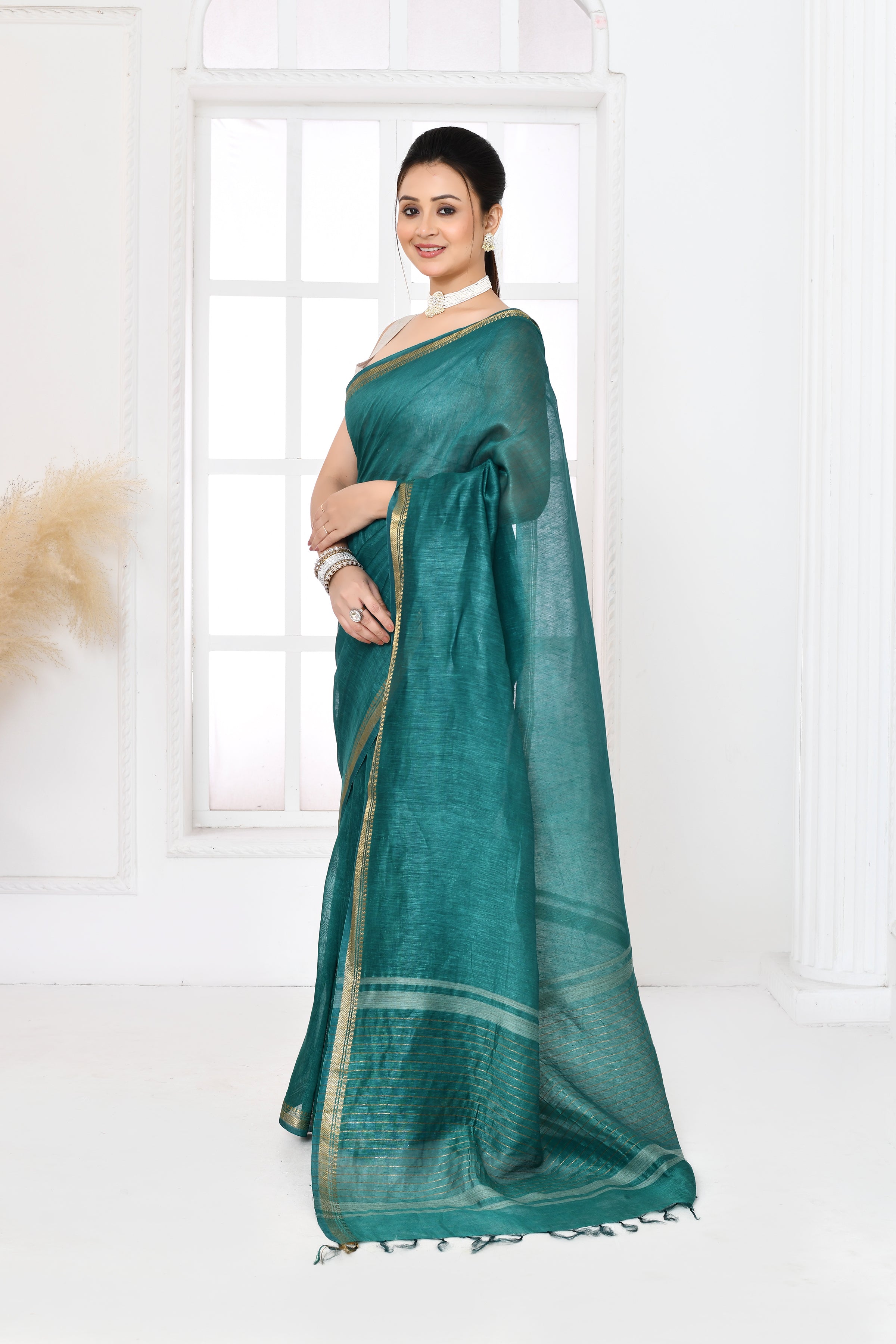 Pure tussar linen handloom saree with floral embroidered blouse