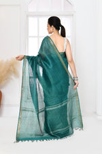 Pure tussar linen handloom saree with floral embroidered blouse