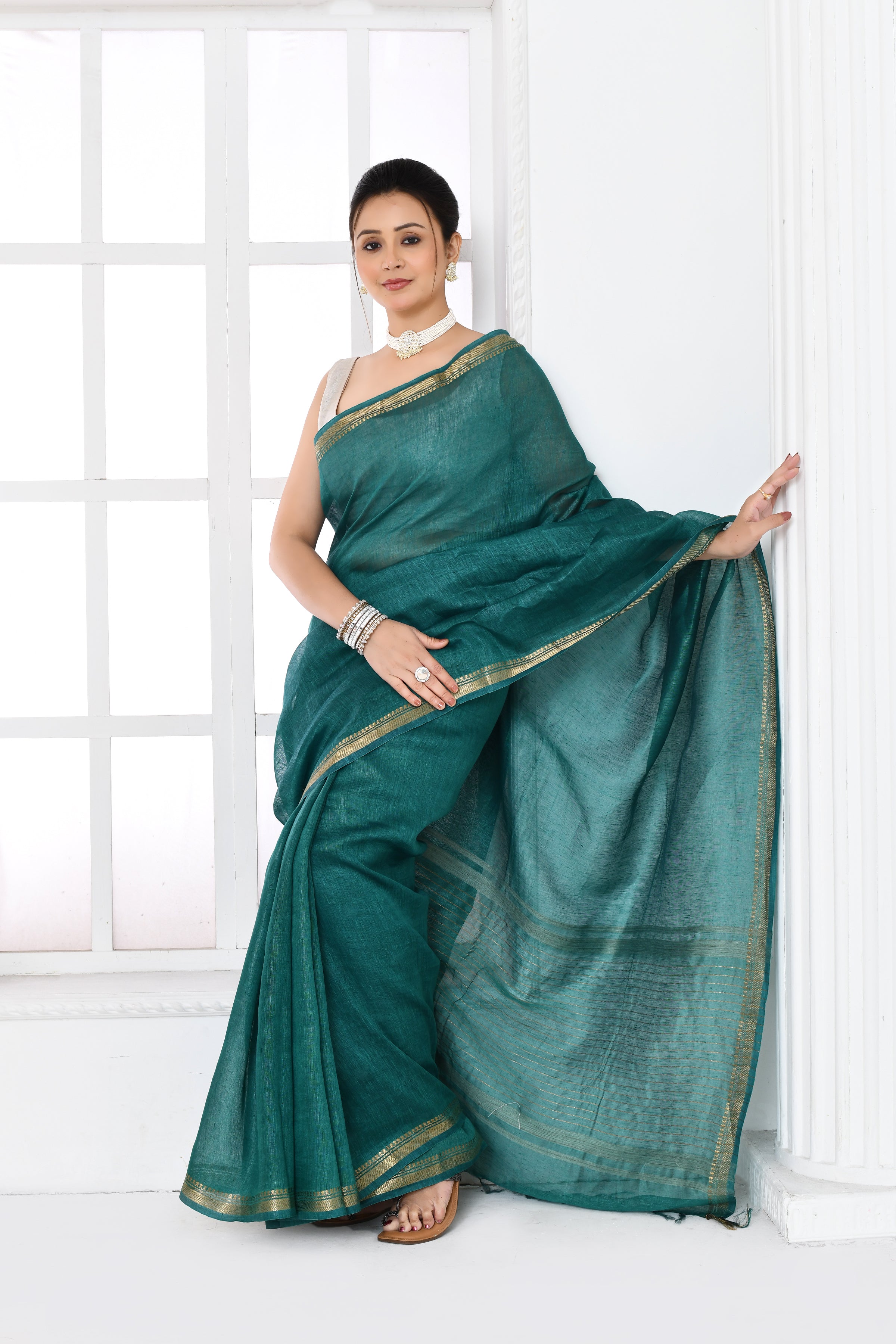 Pure tussar linen handloom saree with floral embroidered blouse