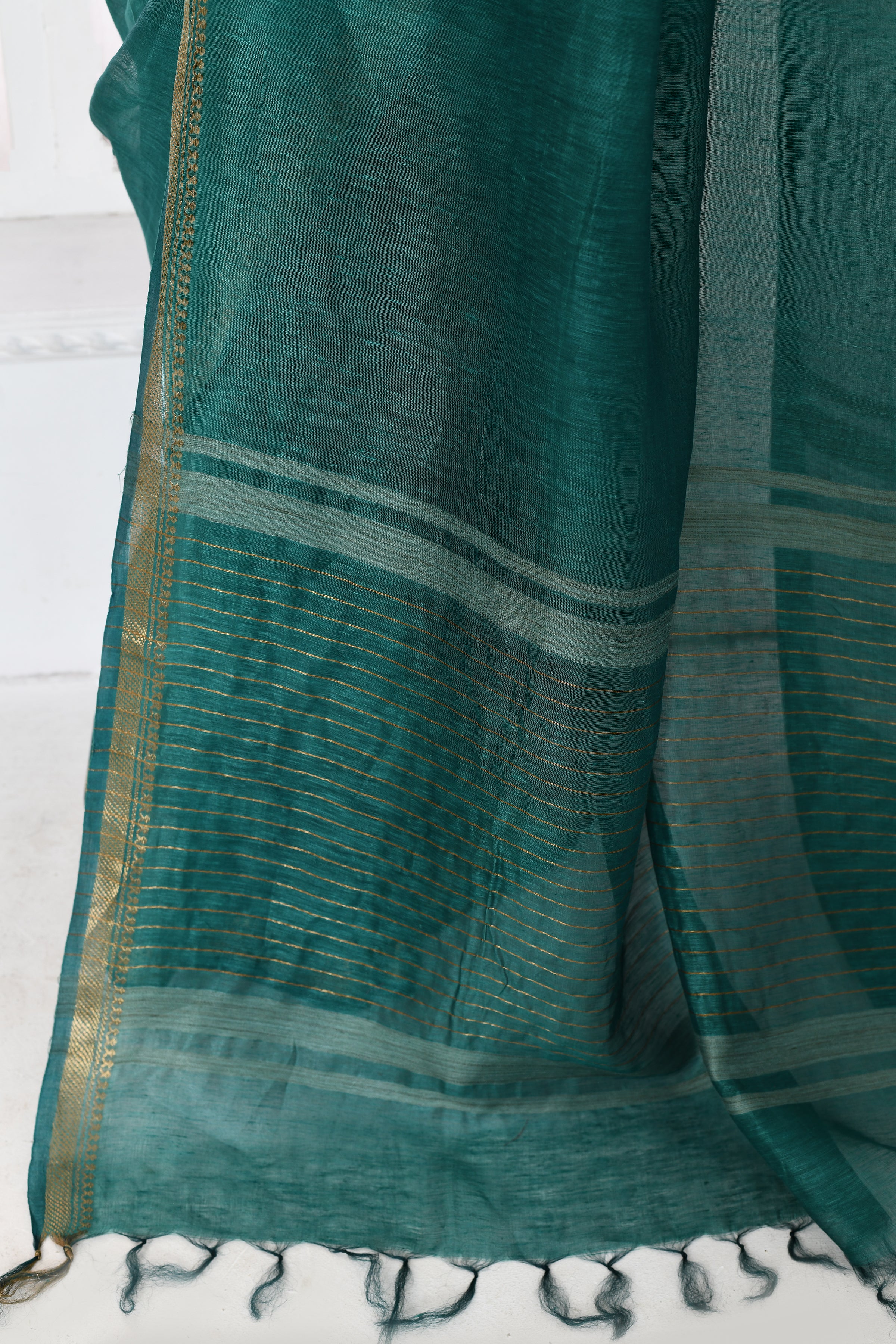 Pure tussar linen handloom saree with floral embroidered blouse