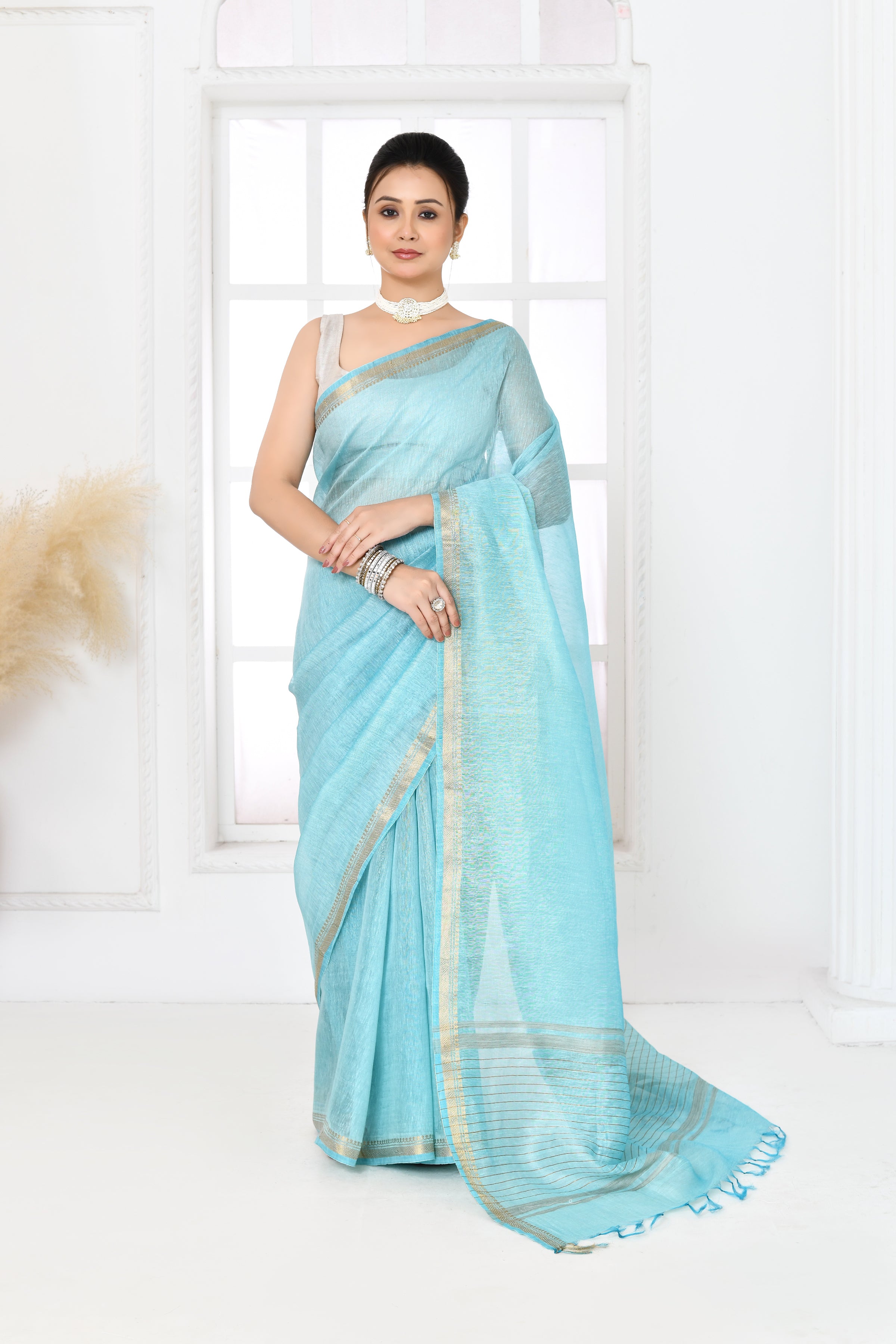 Pure tussar linen handloom saree with floral embroidered blouse