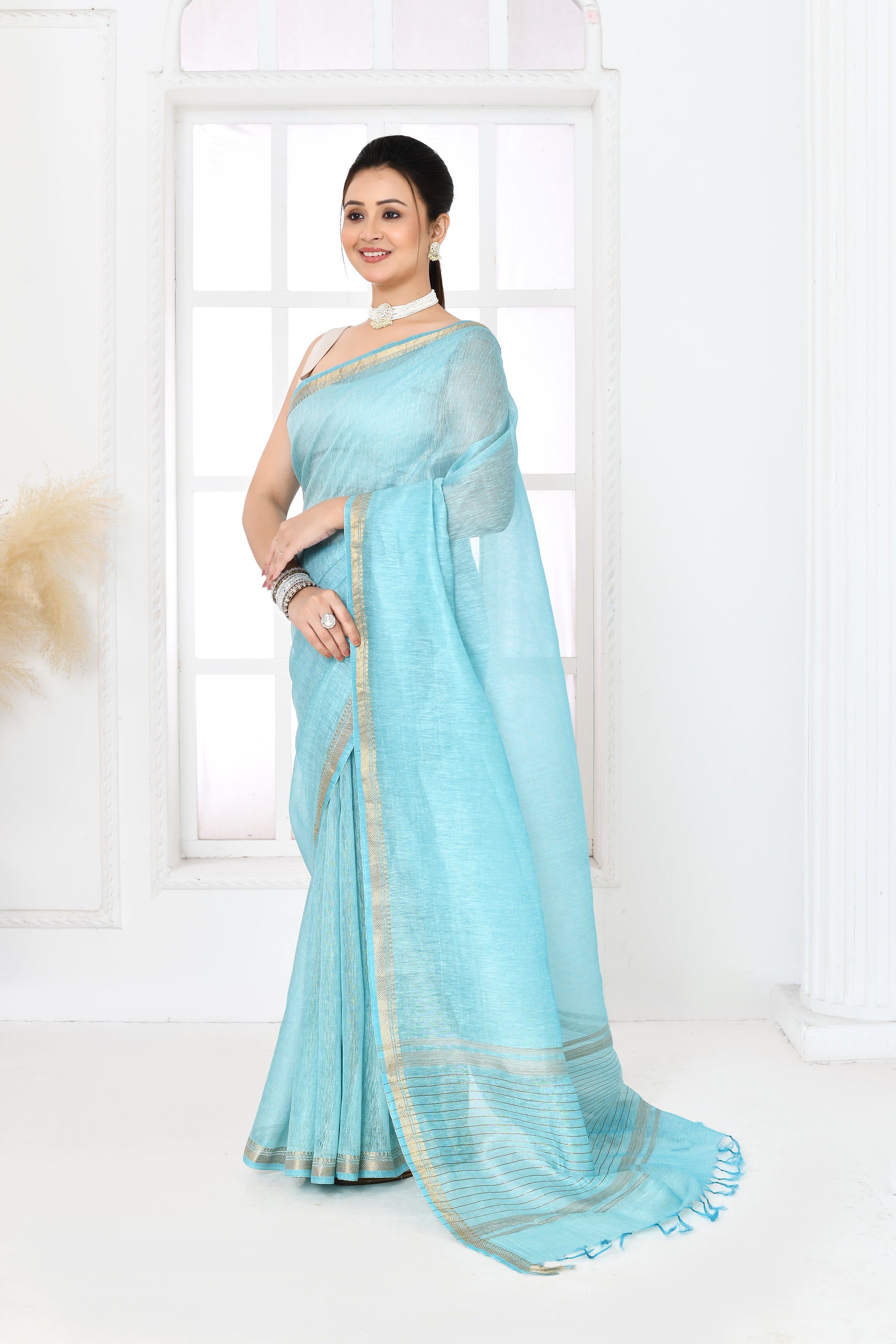 Pure tussar linen handloom saree with floral embroidered blouse