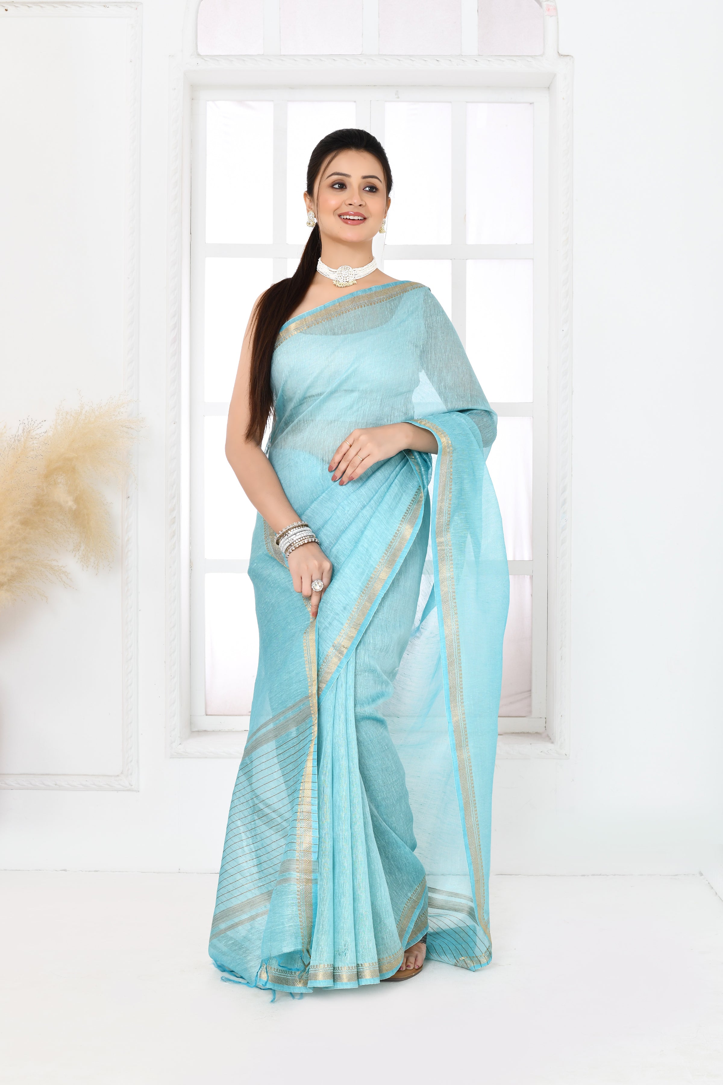 Pure tussar linen handloom saree with floral embroidered blouse