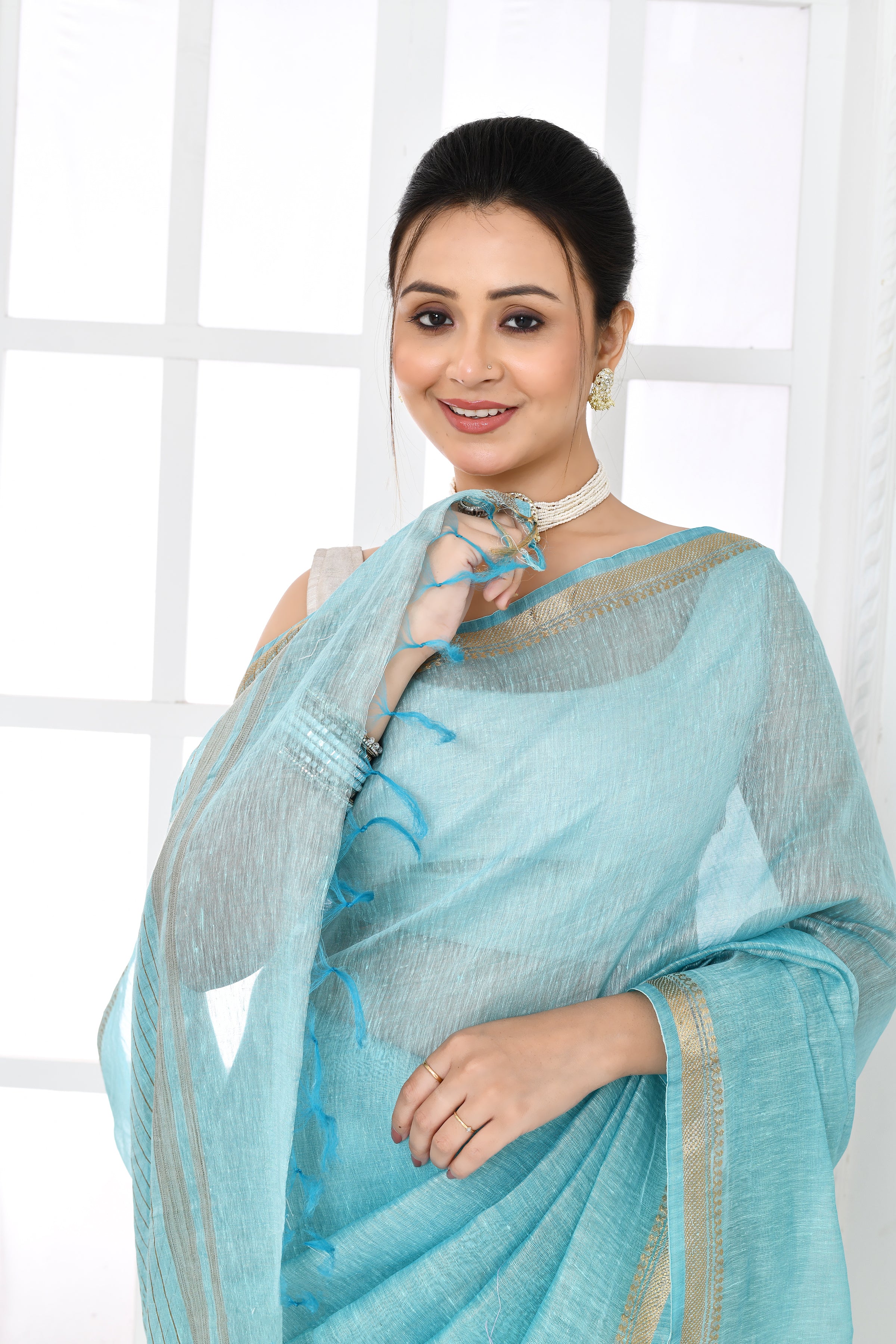 Pure tussar linen handloom saree with floral embroidered blouse