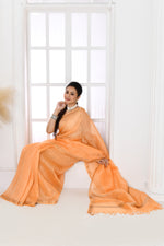 Pure tussar linen handloom saree with floral embroidered blouse