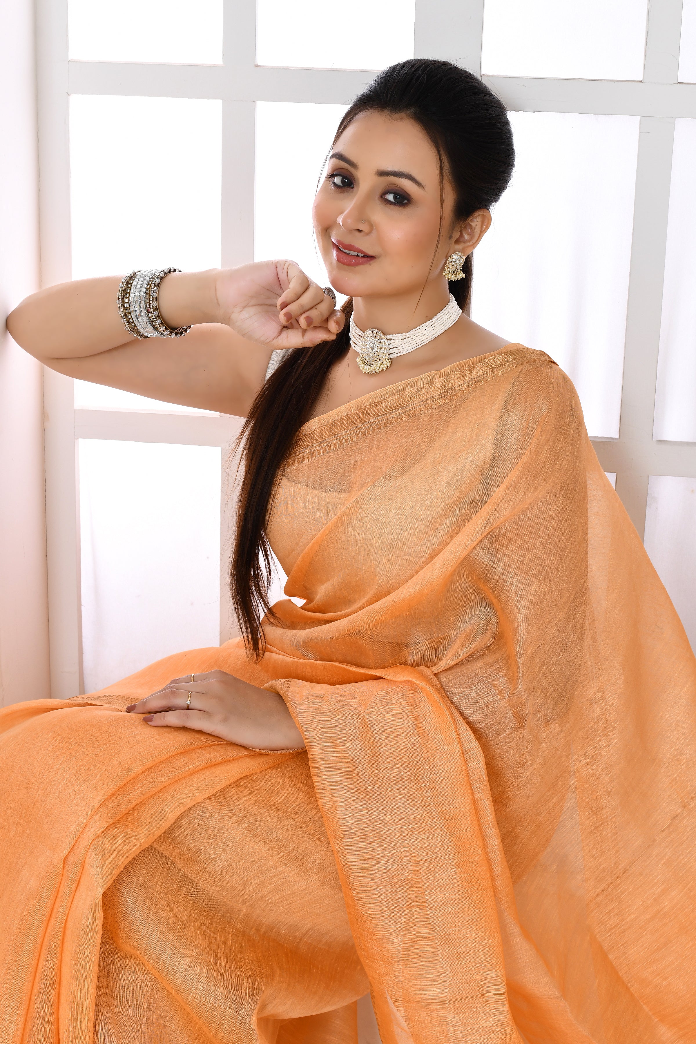 Pure tussar linen handloom saree with floral embroidered blouse