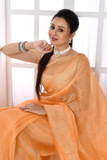 Pure tussar linen handloom saree with floral embroidered blouse