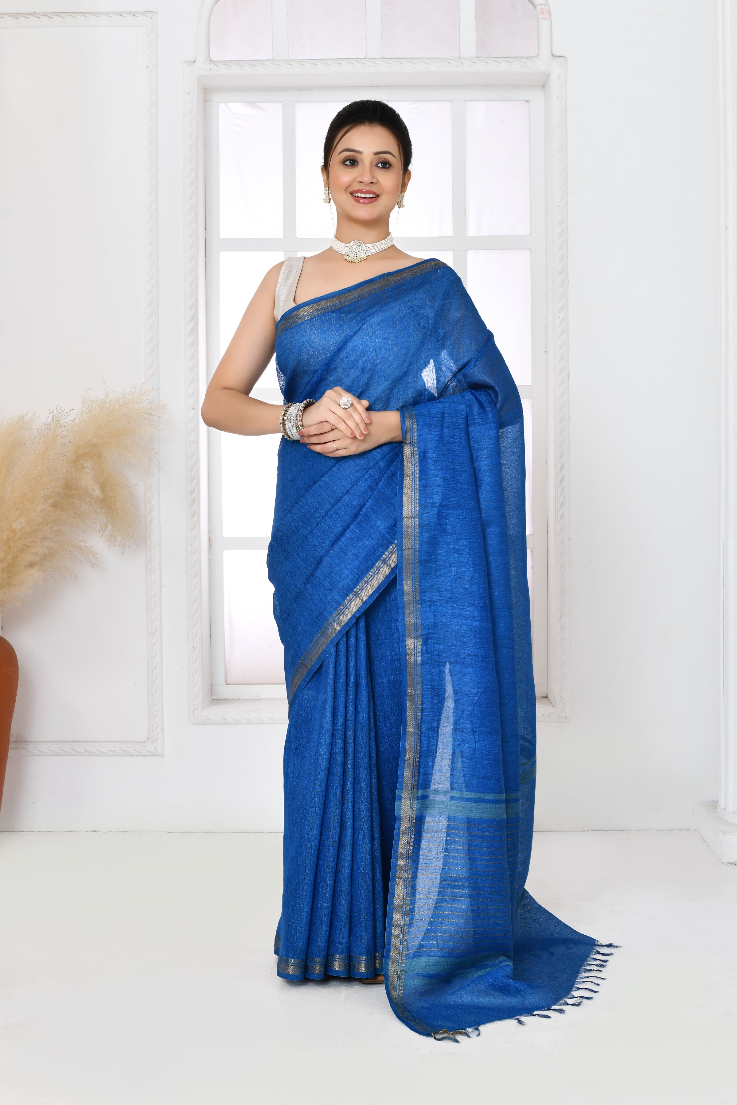 Pure tussar linen handloom saree with floral embroidered blouse