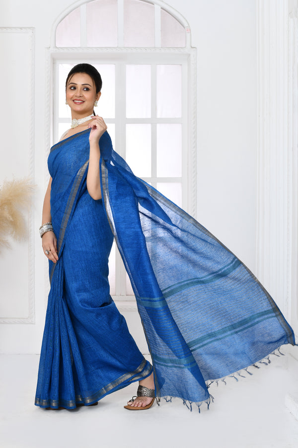 Pure tussar linen handloom saree with floral embroidered blouse