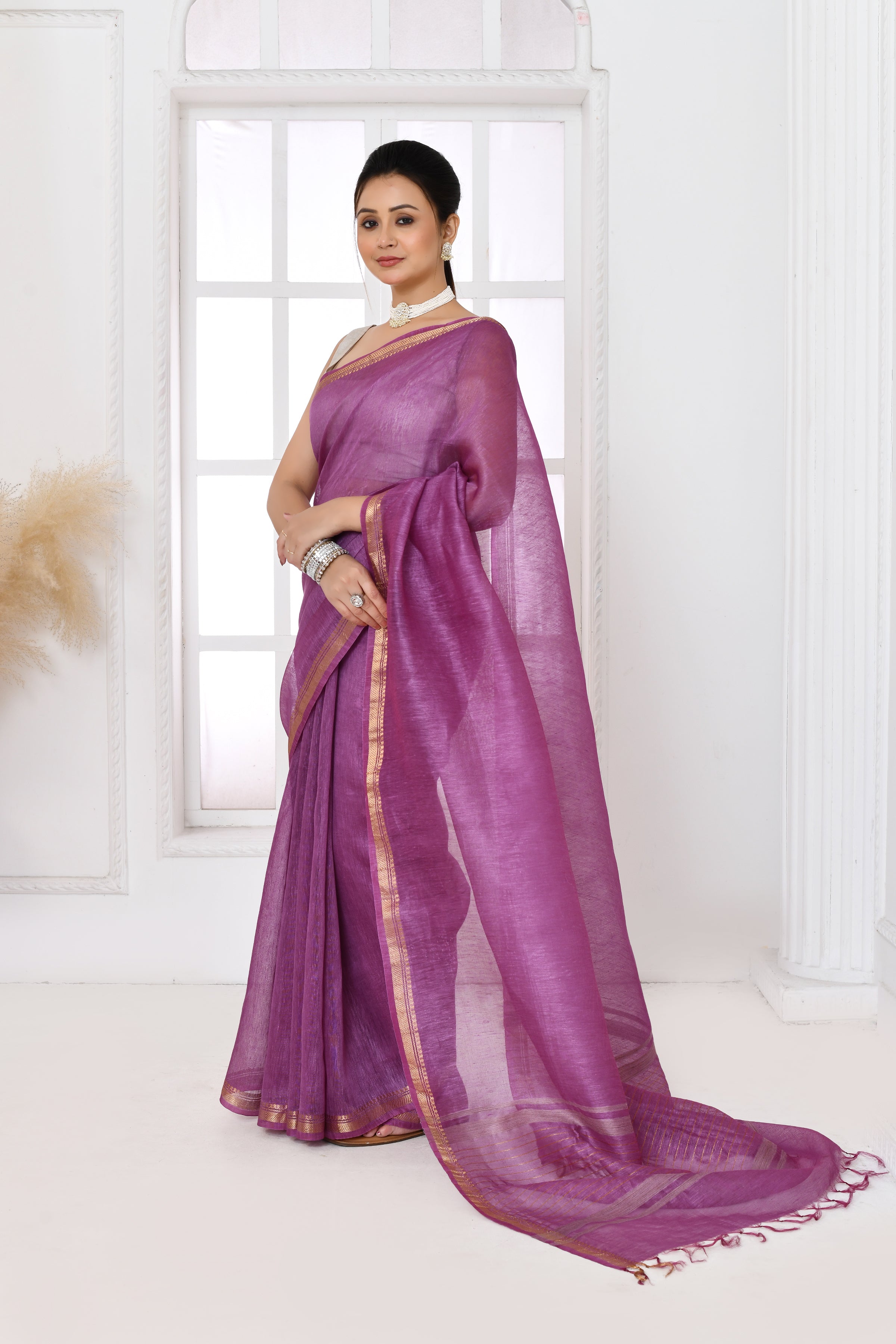 Pure tussar linen handloom saree with floral embroidered blouse