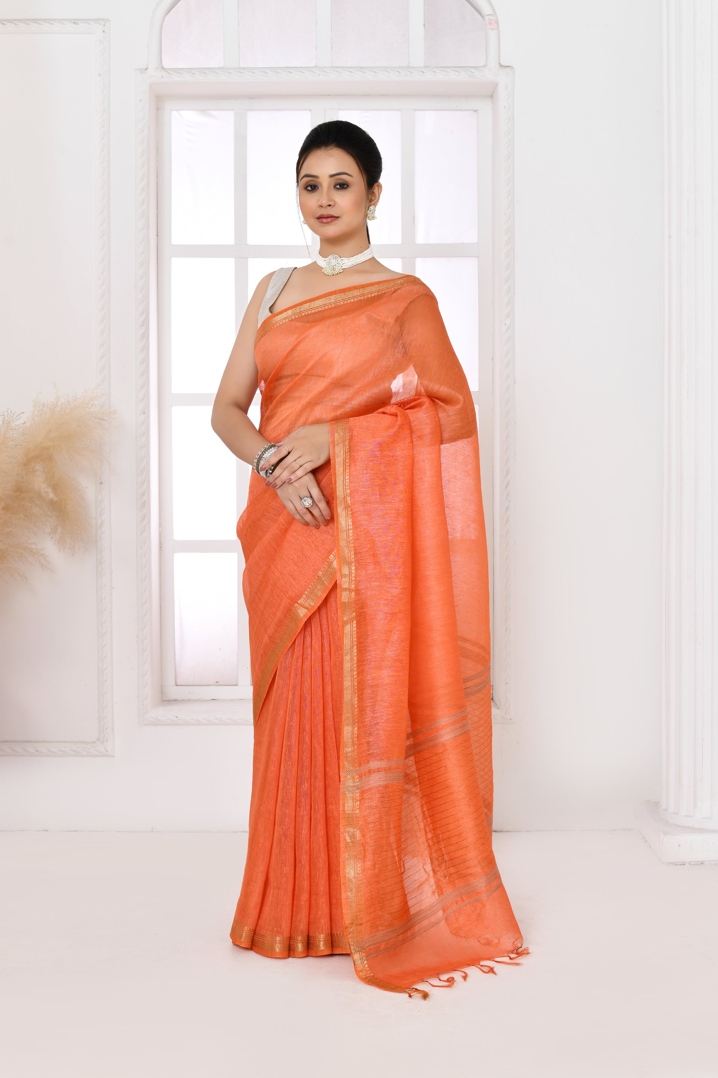 Pure tussar linen handloom saree with floral embroidered blouse
