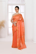 Pure tussar linen handloom saree with floral embroidered blouse