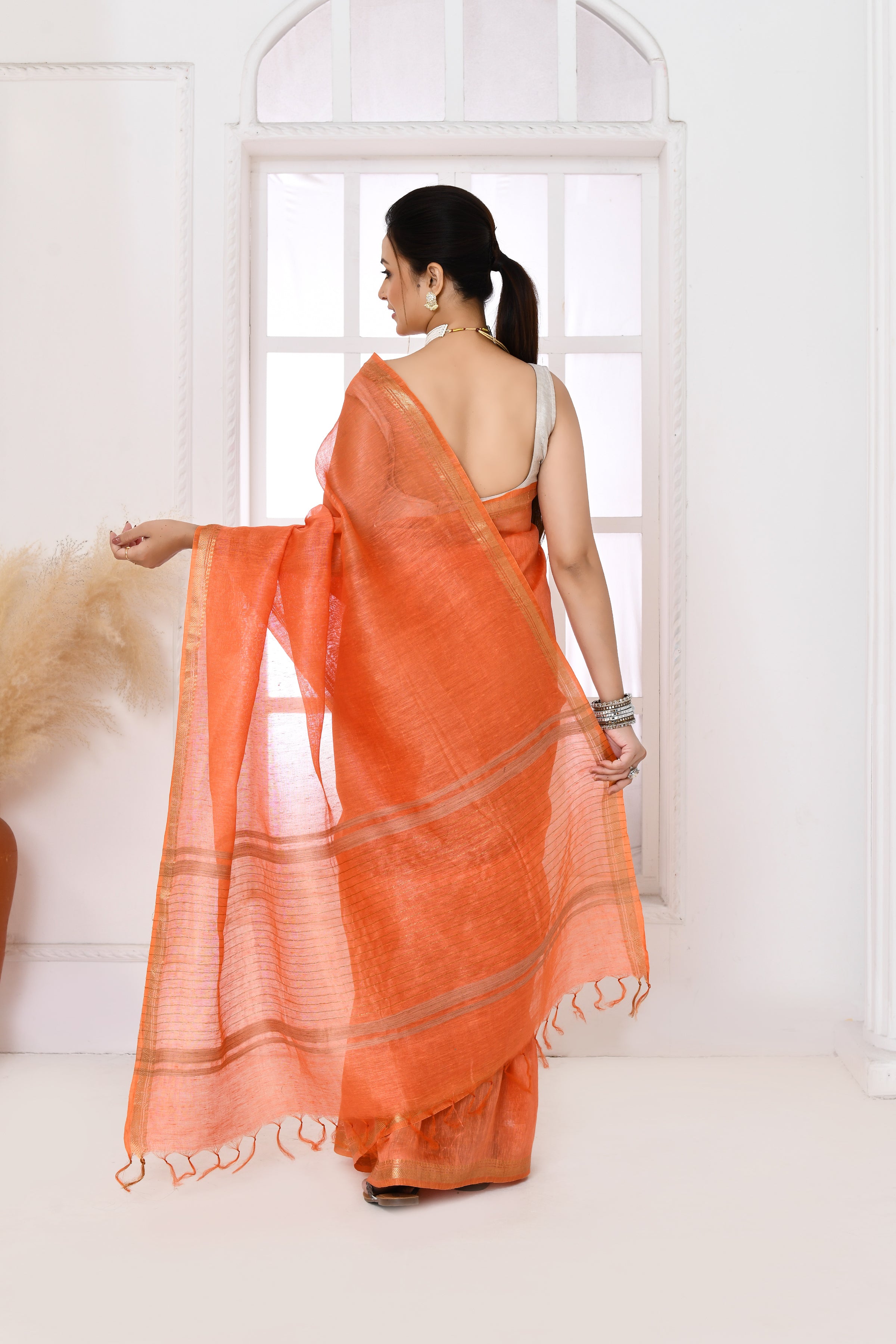 Pure tussar linen handloom saree with floral embroidered blouse
