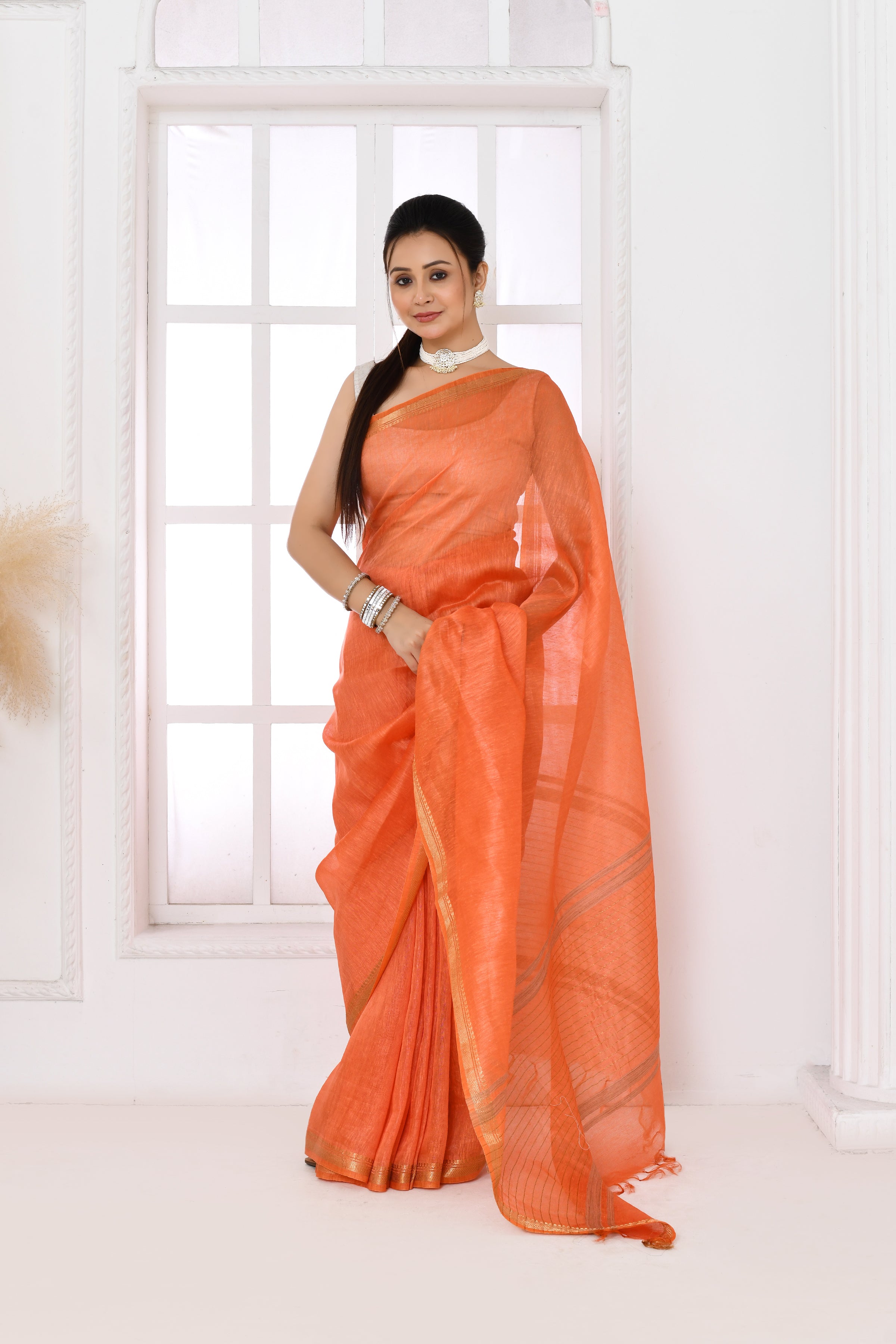 Pure tussar linen handloom saree with floral embroidered blouse