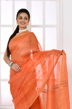 Pure tussar linen handloom saree with floral embroidered blouse