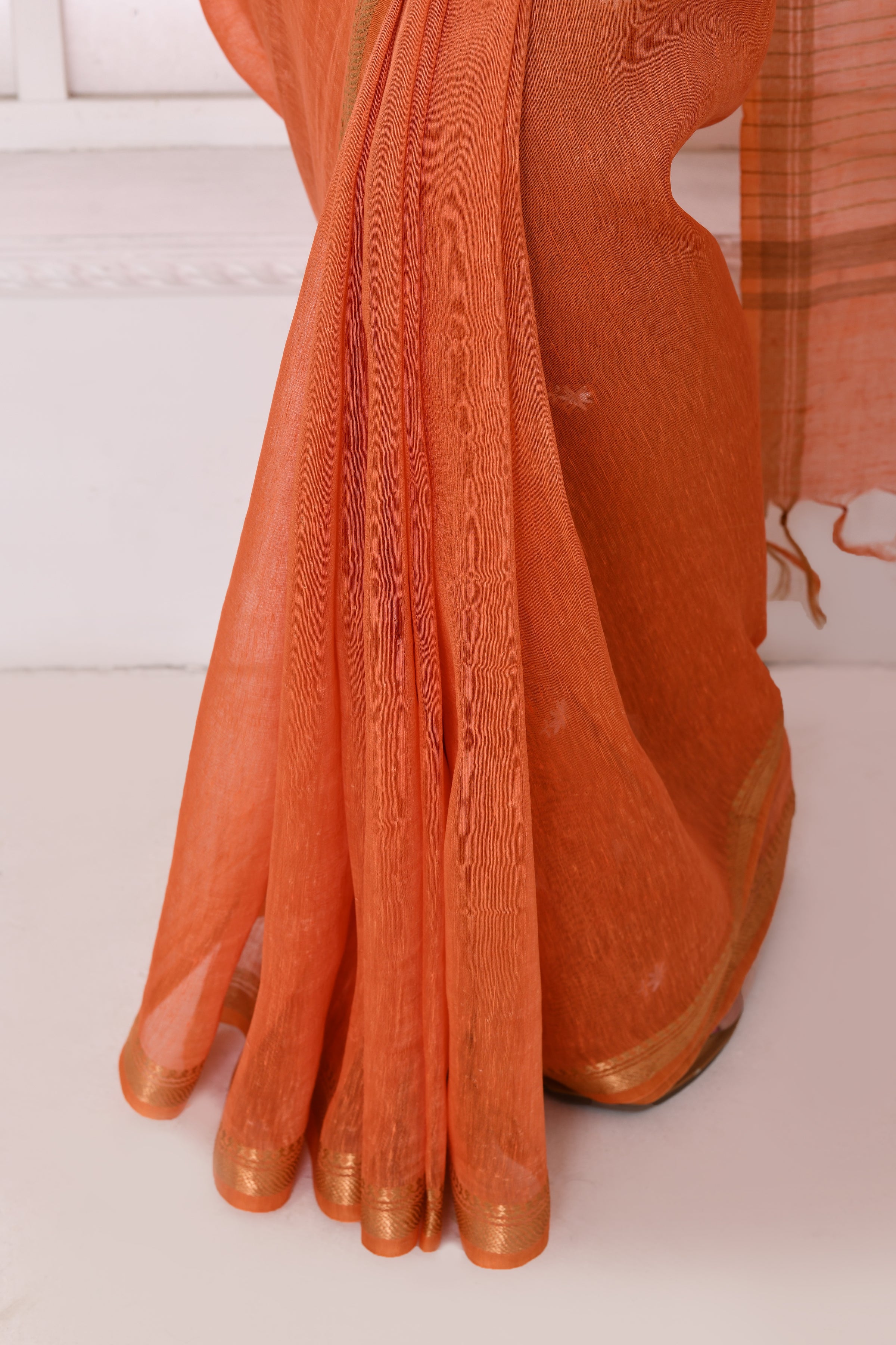 Pure tussar linen handloom saree with floral embroidered blouse