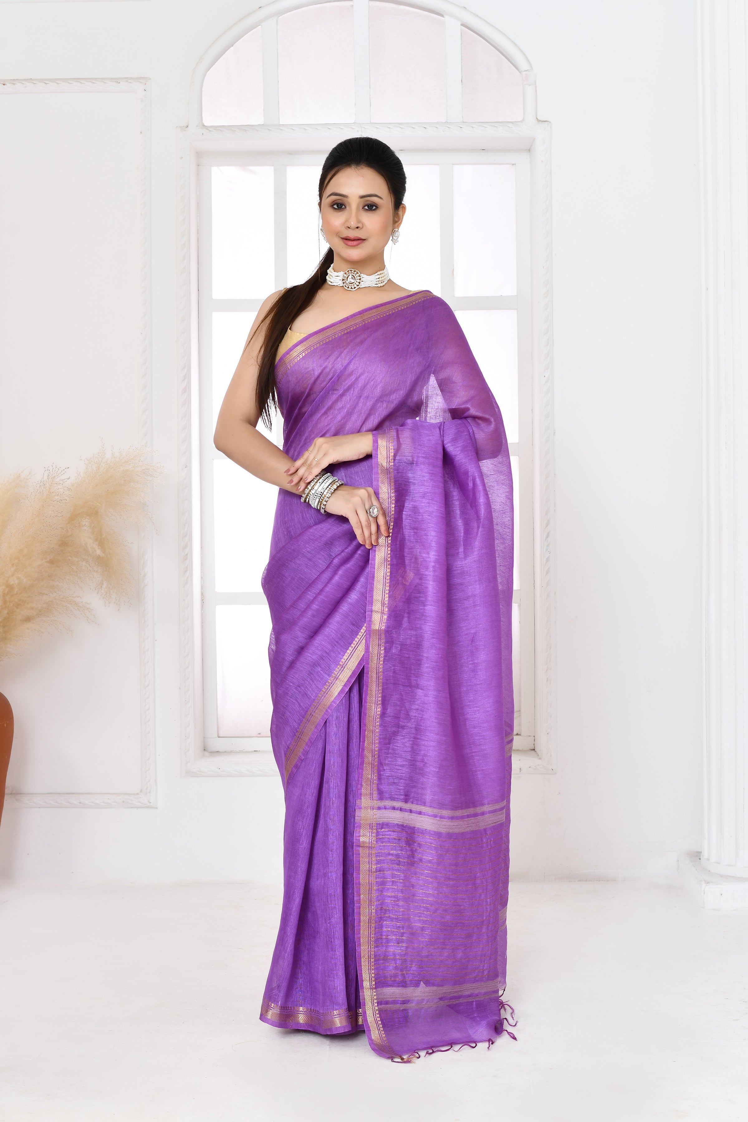 Pure tussar linen handloom saree with floral embroidered blouse