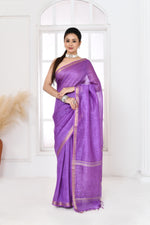 Pure tussar linen handloom saree with floral embroidered blouse