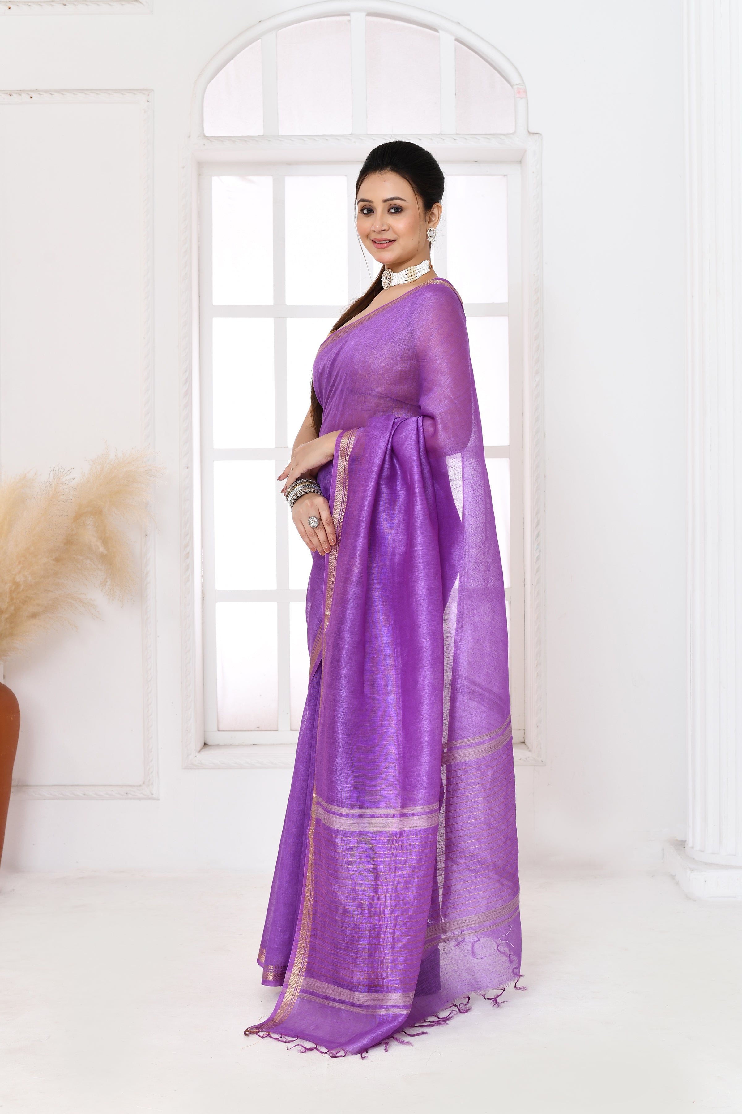 Pure tussar linen handloom saree with floral embroidered blouse