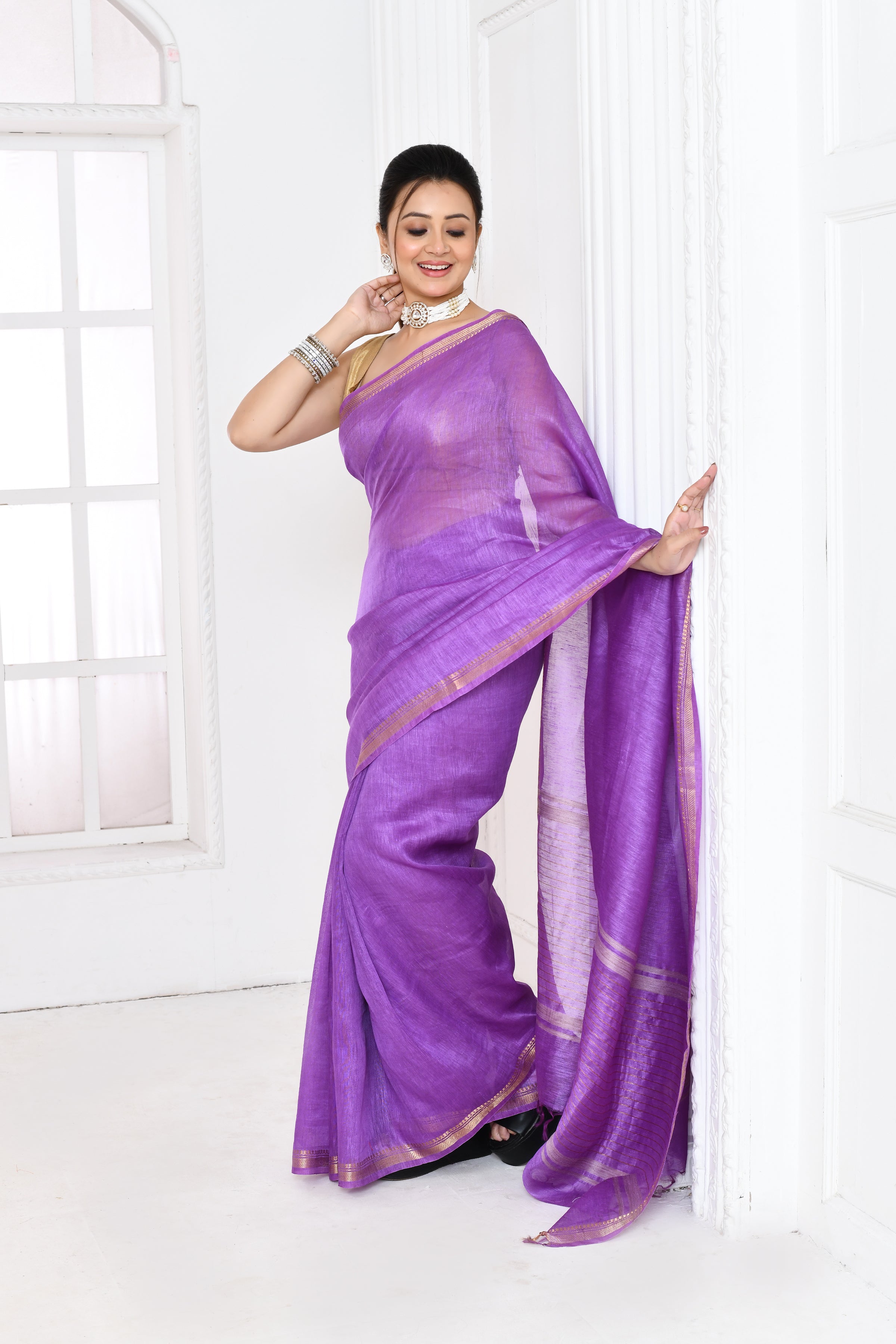 Pure tussar linen handloom saree with floral embroidered blouse