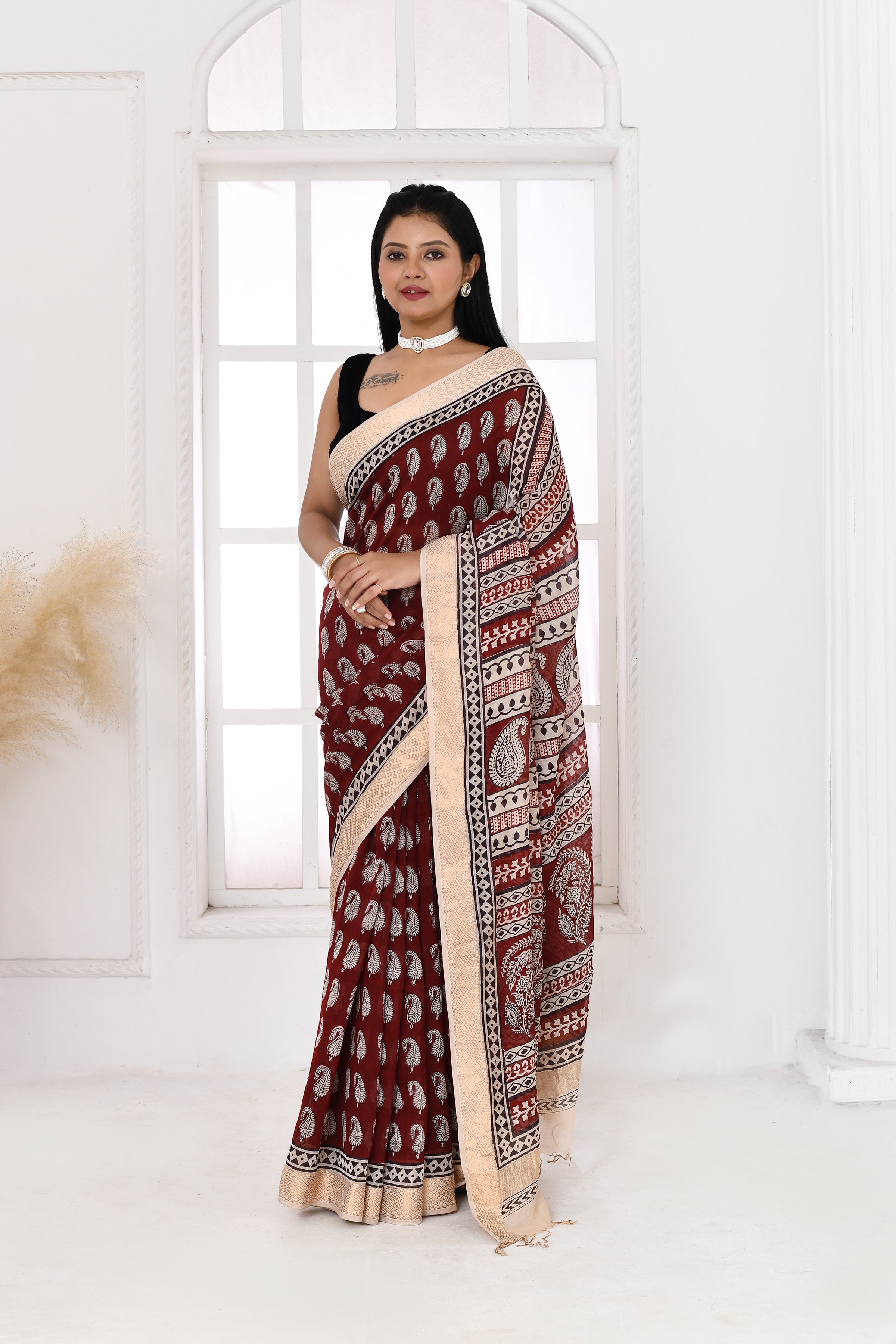 Maheshwari cross border bagh print saree-maroon