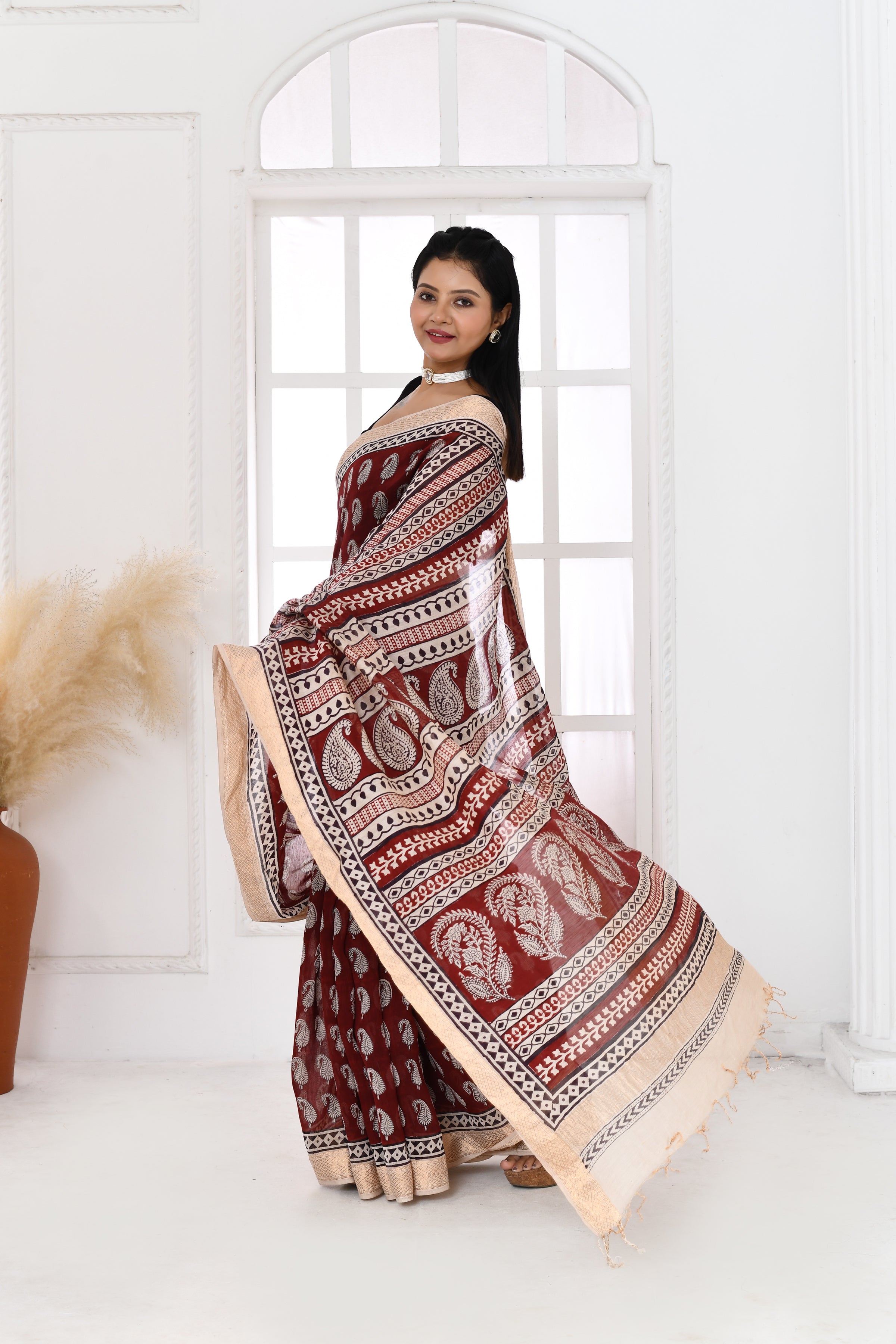 Maheshwari cross border bagh print saree-maroon
