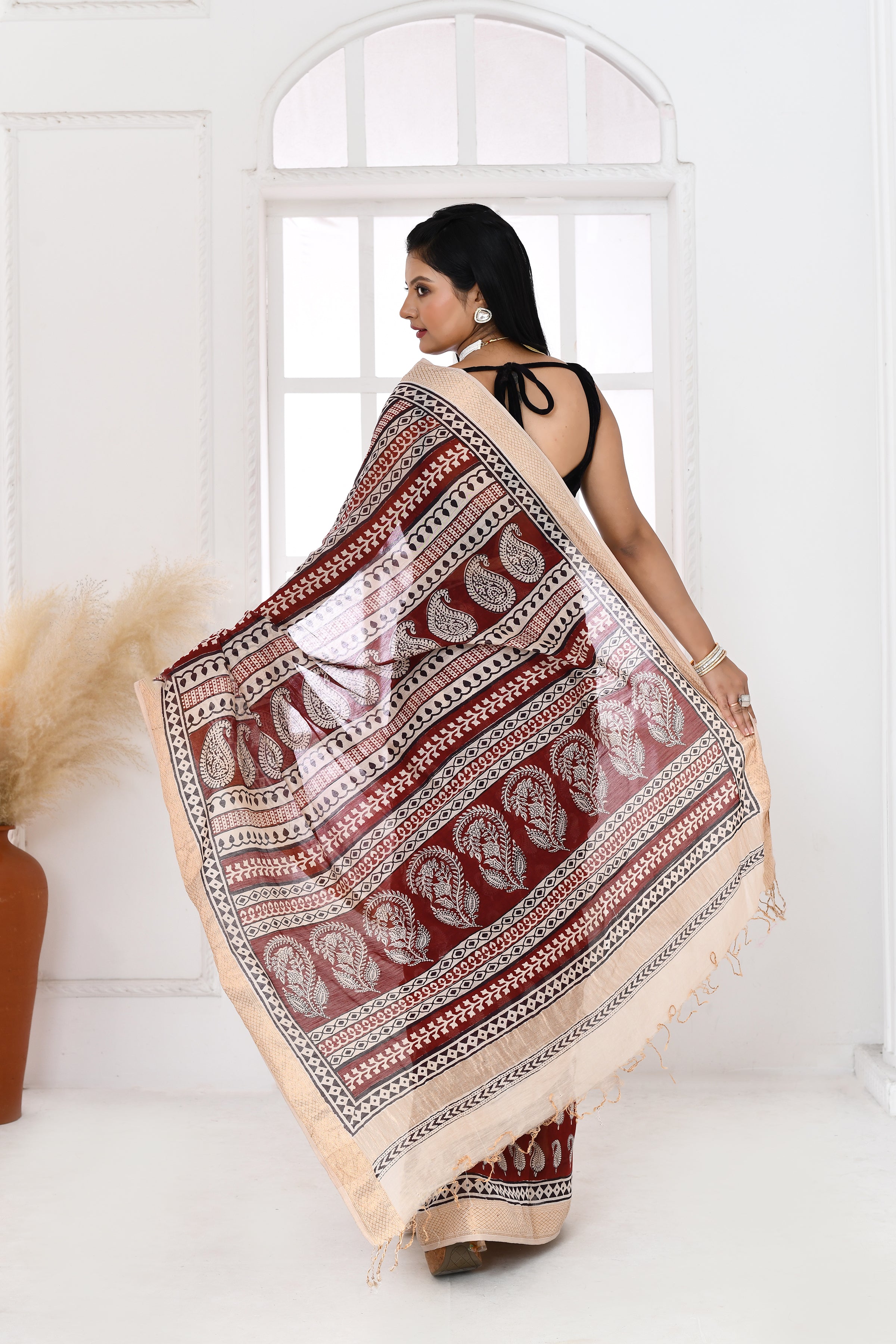 Maheshwari cross border bagh print saree-maroon