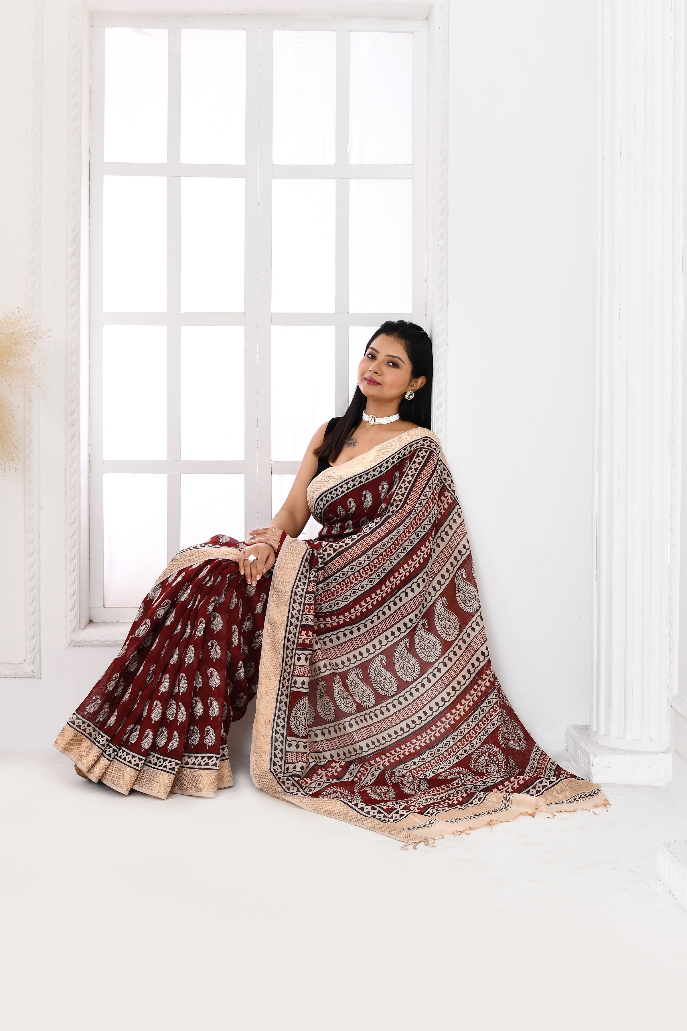 Maheshwari cross border bagh print saree-maroon