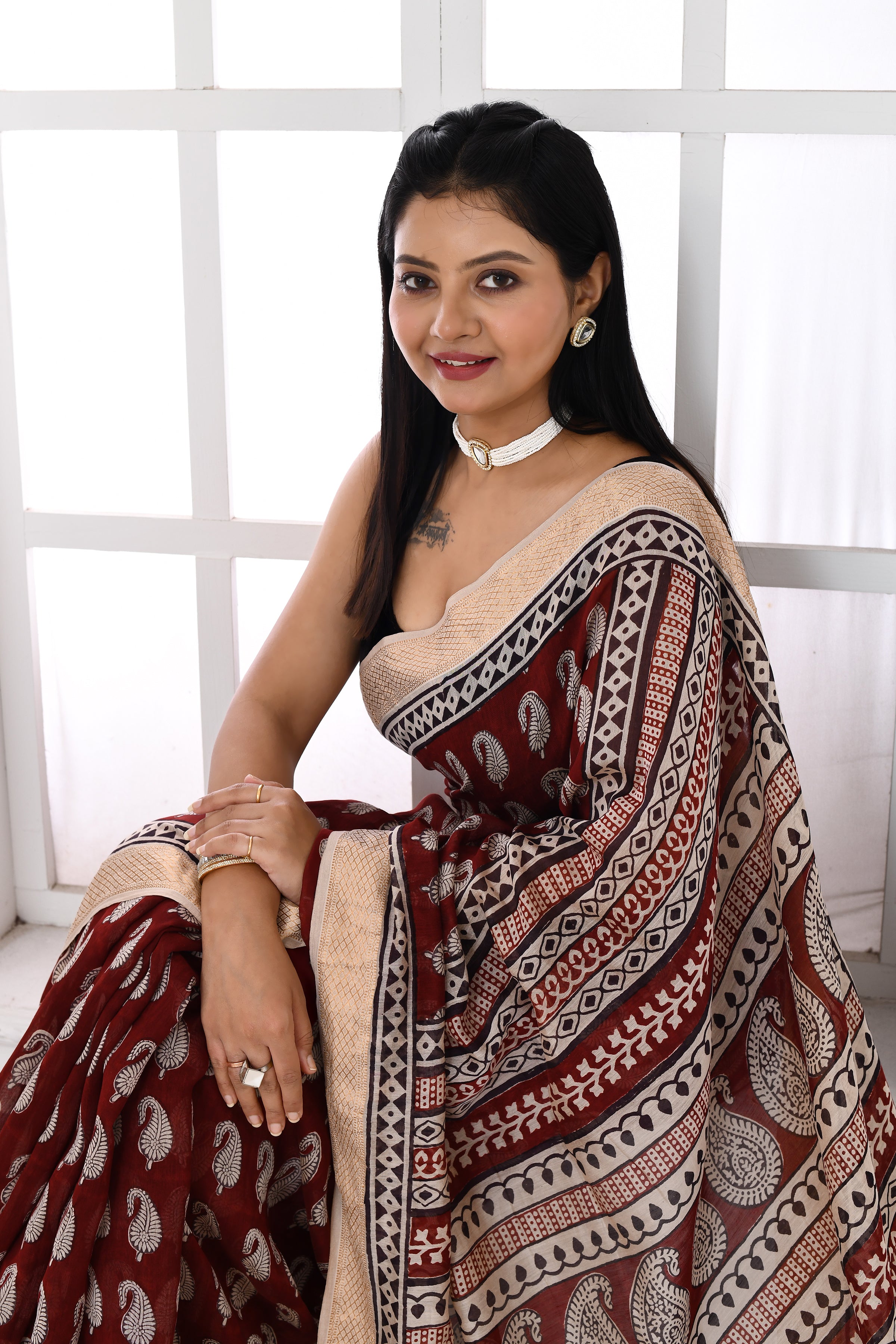 Maheshwari cross border bagh print saree-maroon