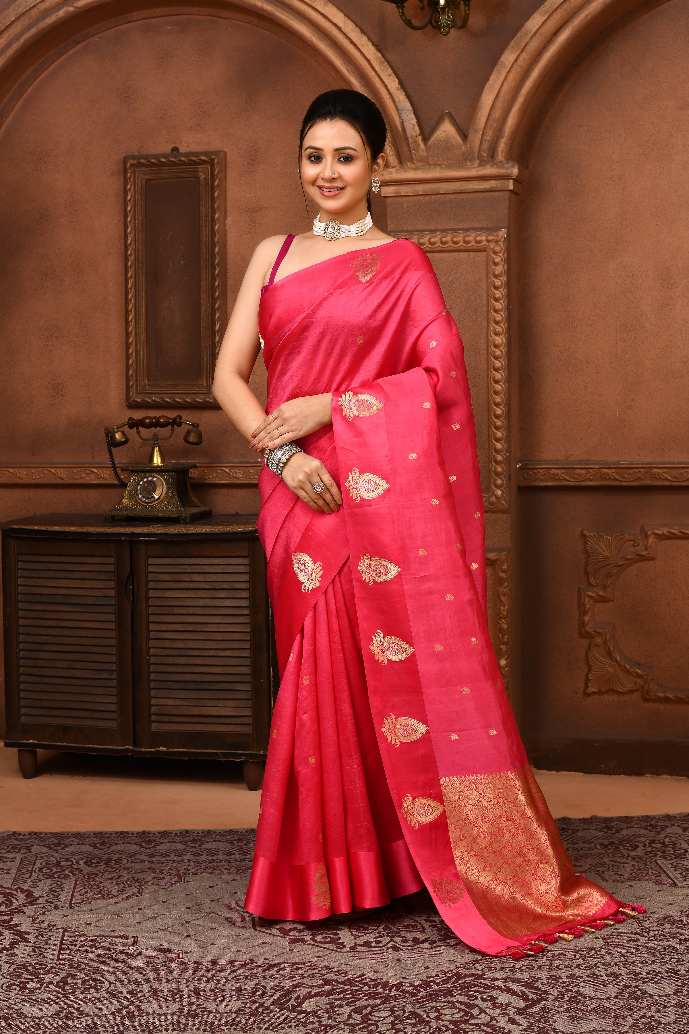 Pure katan silk kadwa Banarasi saree with golden & silver zari floral motifs & satin silk border-Onion pink