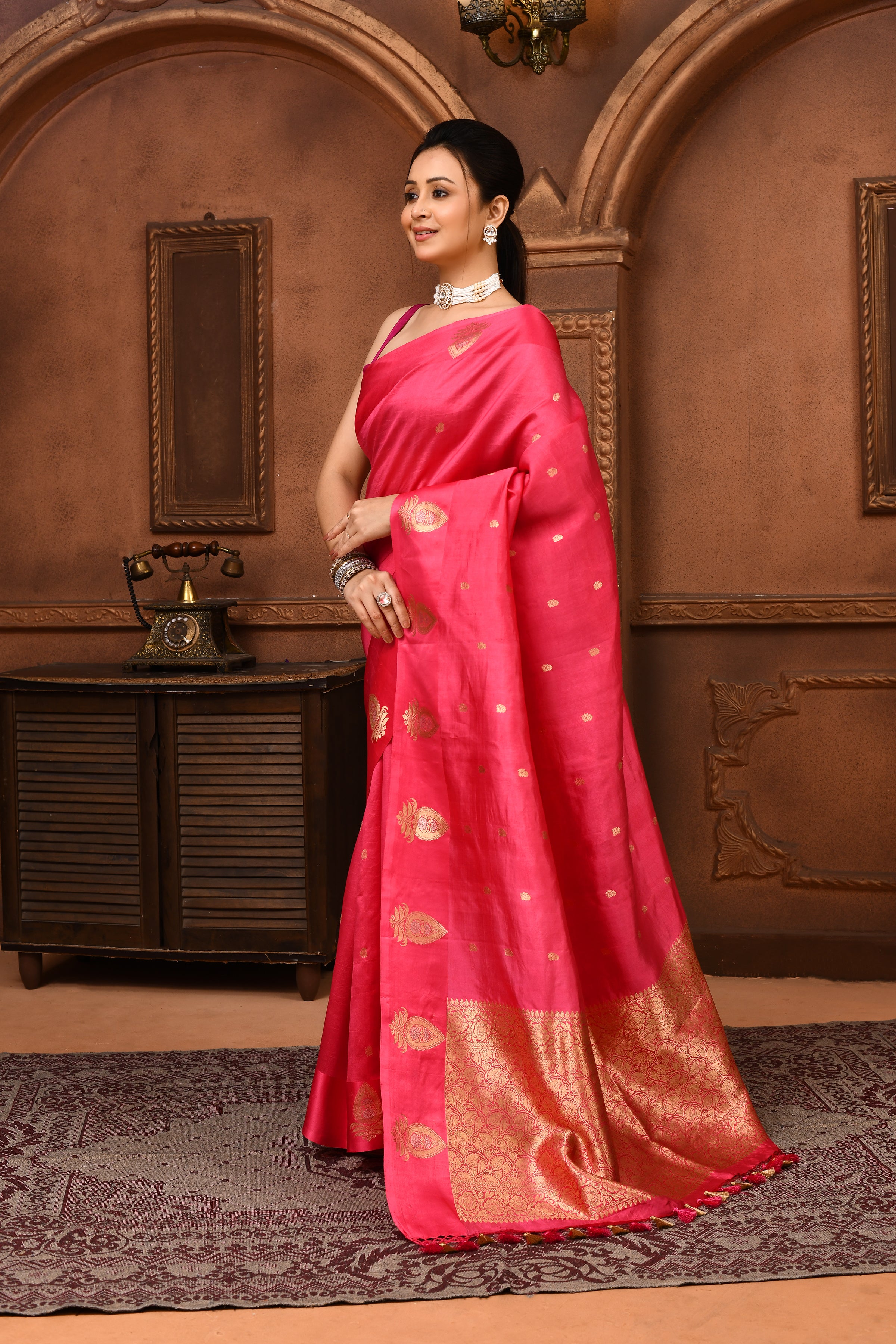Pure katan silk kadwa Banarasi saree with golden & silver zari floral motifs & satin silk border-Onion pink