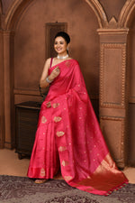Pure katan silk kadwa Banarasi saree with golden & silver zari floral motifs & satin silk border-Onion pink