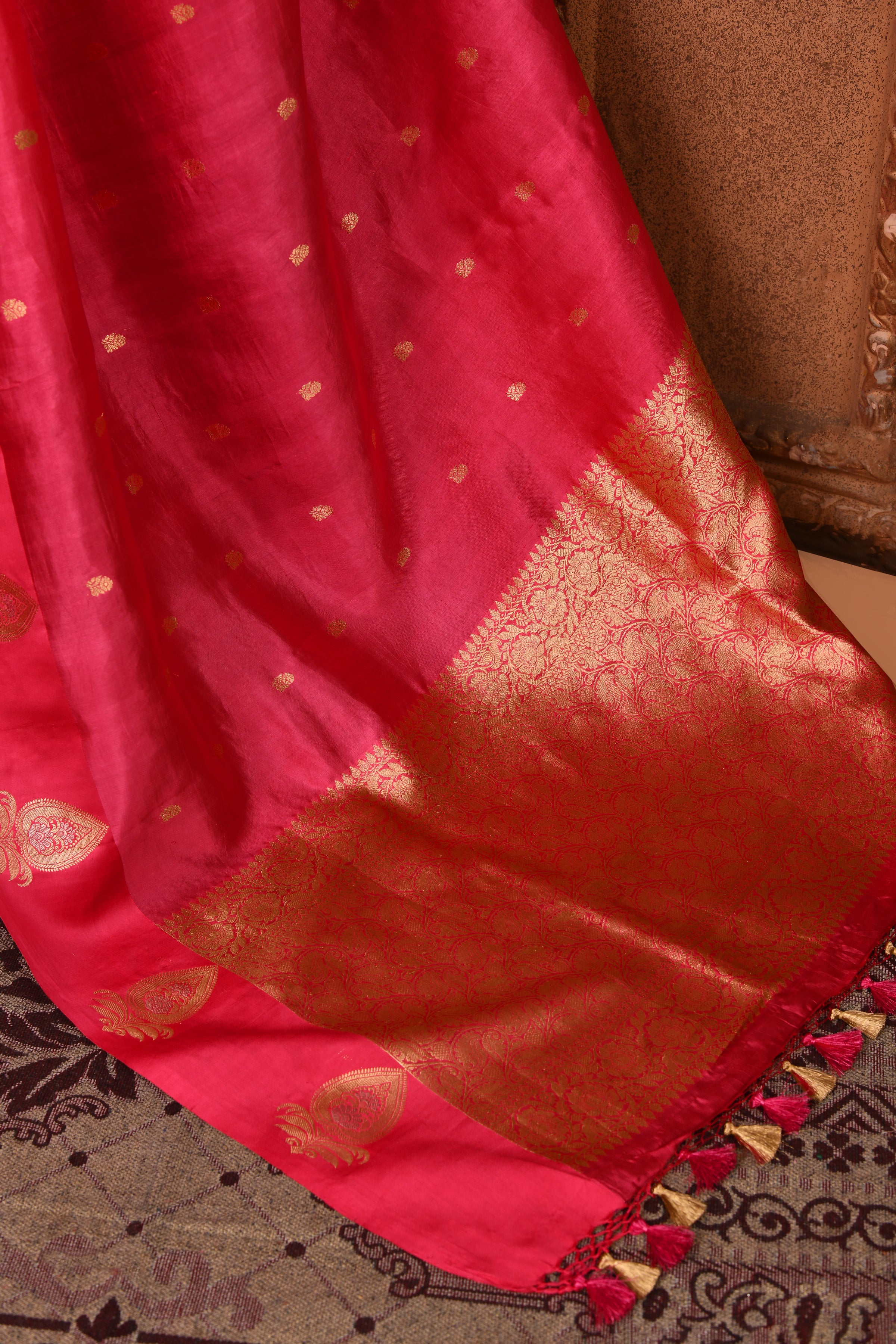 Pure katan silk kadwa Banarasi saree with golden & silver zari floral motifs & satin silk border-Onion pink