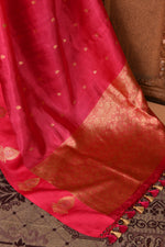 Pure katan silk kadwa Banarasi saree with golden & silver zari floral motifs & satin silk border-Onion pink