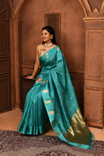 Pure katan silk kadwa Banarasi saree with golden & silver zari floral motifs & satin silk border-Powder blue