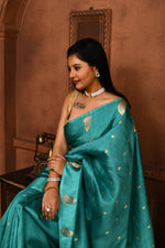 Pure katan silk kadwa Banarasi saree with golden & silver zari floral motifs & satin silk border-Powder blue