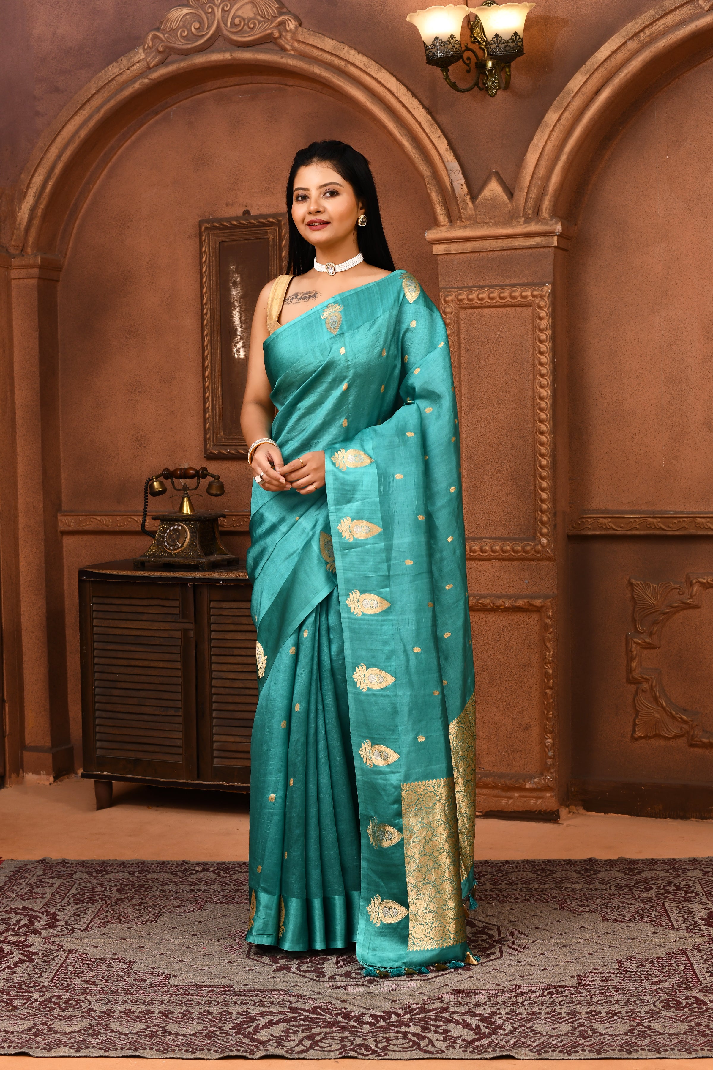 Pure katan silk kadwa Banarasi saree with golden & silver zari floral motifs & satin silk border-Powder blue