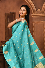 Pure katan silk kadwa Banarasi saree with golden & silver zari floral motifs & satin silk border-Powder blue