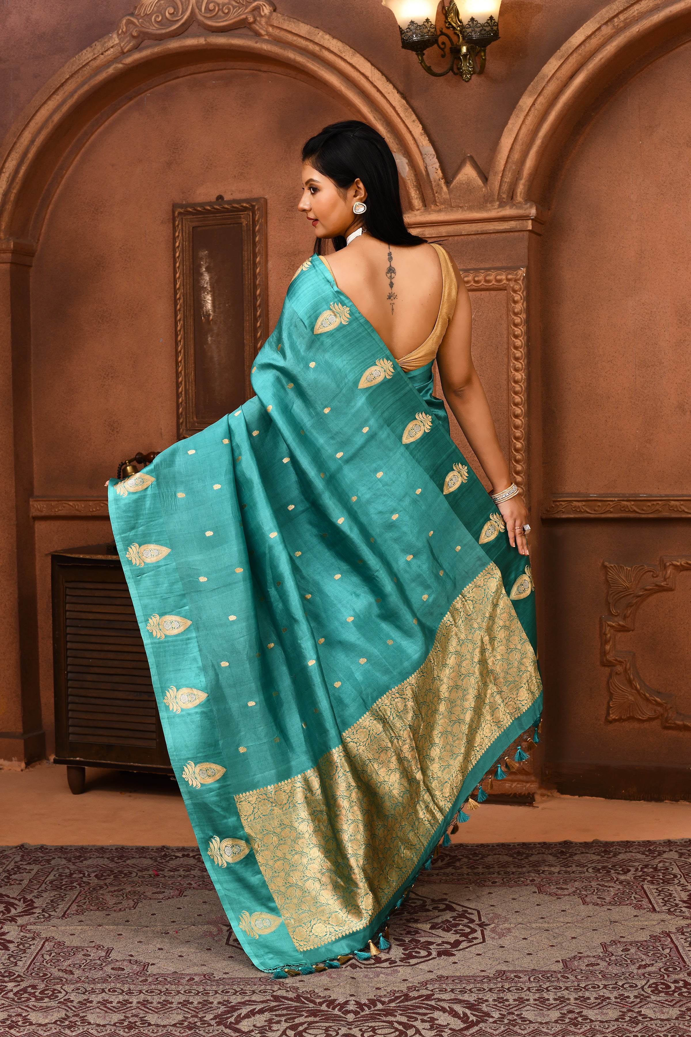 Pure katan silk kadwa Banarasi saree with golden & silver zari floral motifs & satin silk border-Powder blue
