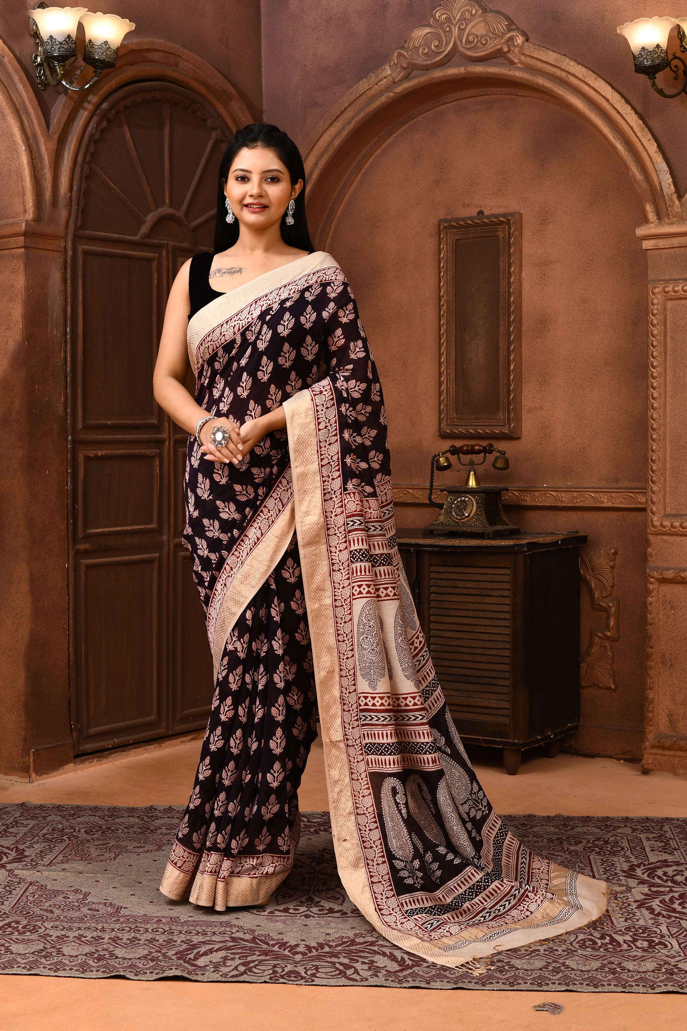 Maheshwari cross border bagh print saree -black