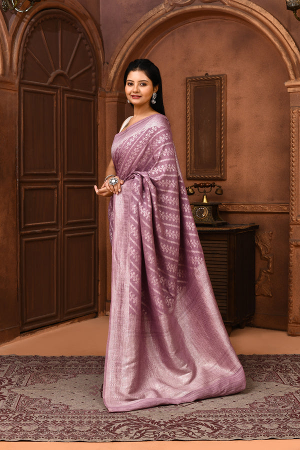 Pure Linen Georgette handloom Banarasi saree with silver zari kadwa weaving-Mauve