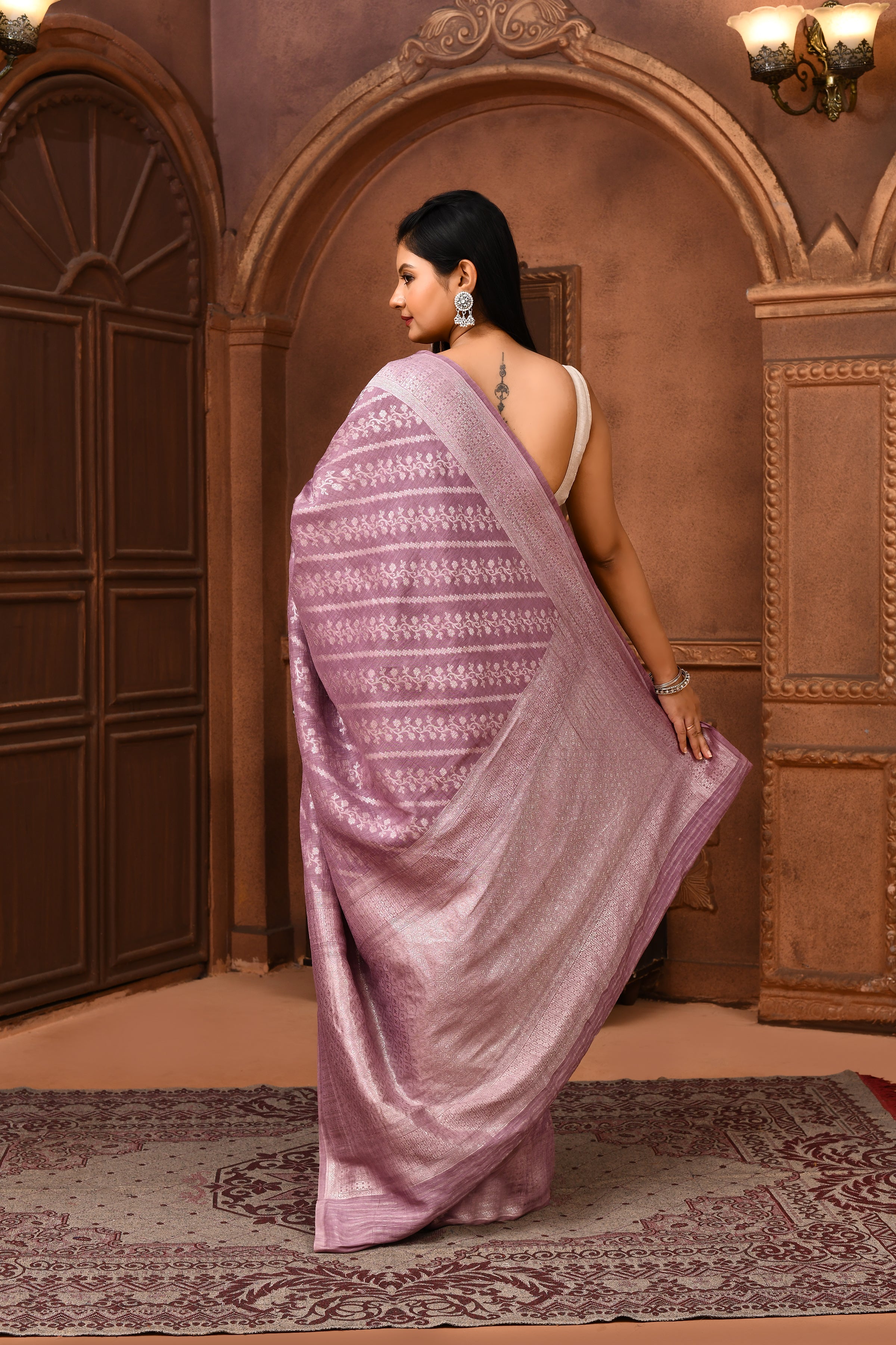 Pure Linen Georgette handloom Banarasi saree with silver zari kadwa weaving-Mauve
