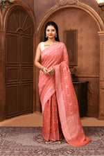 Pure Linen Georgette handloom Banarasi saree with silver zari kadwa weaving-Light Coral