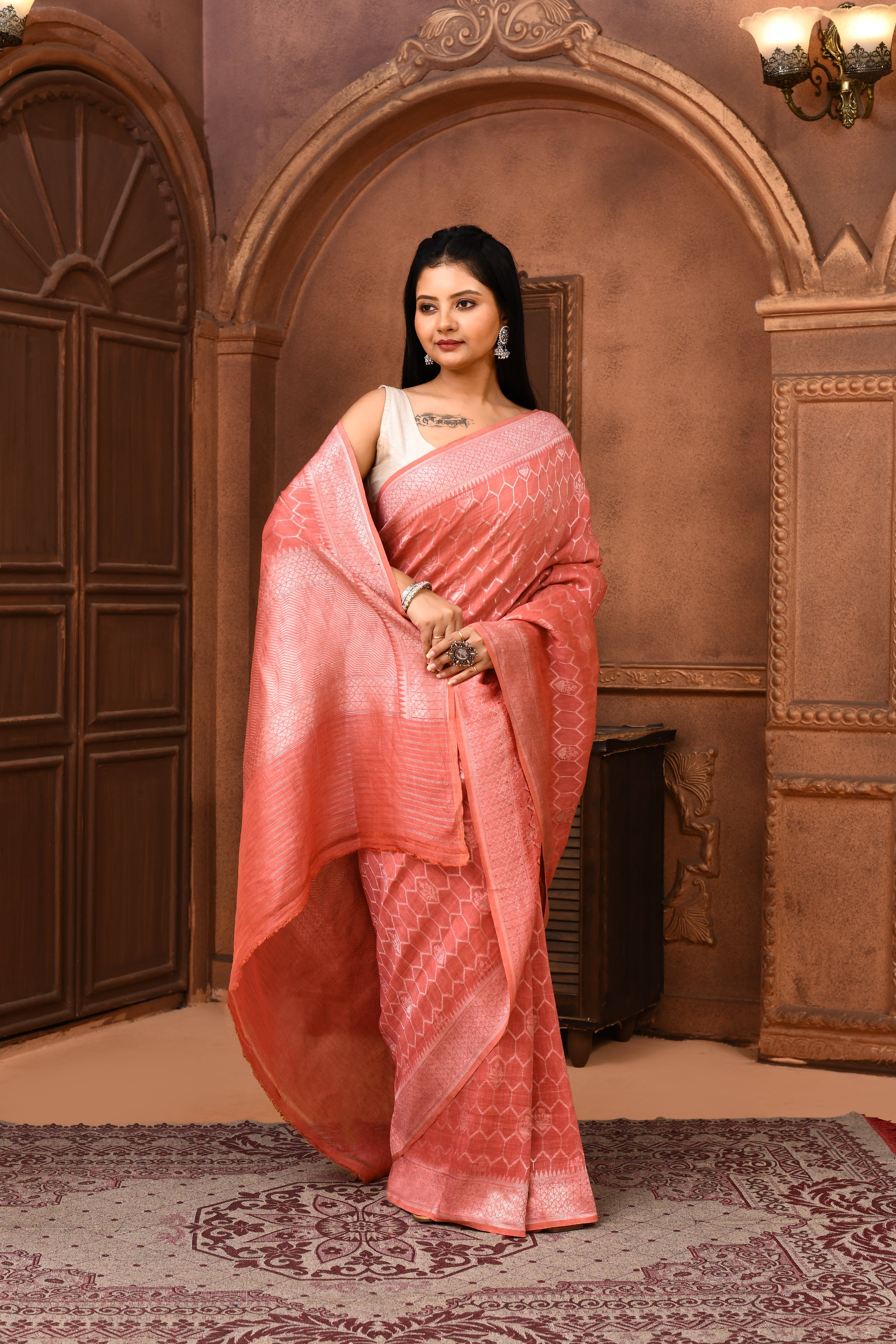 Pure Linen Georgette handloom Banarasi saree with silver zari kadwa weaving-Light Coral