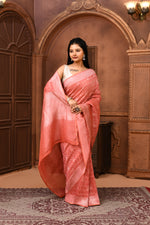 Pure Linen Georgette handloom Banarasi saree with silver zari kadwa weaving-Light Coral