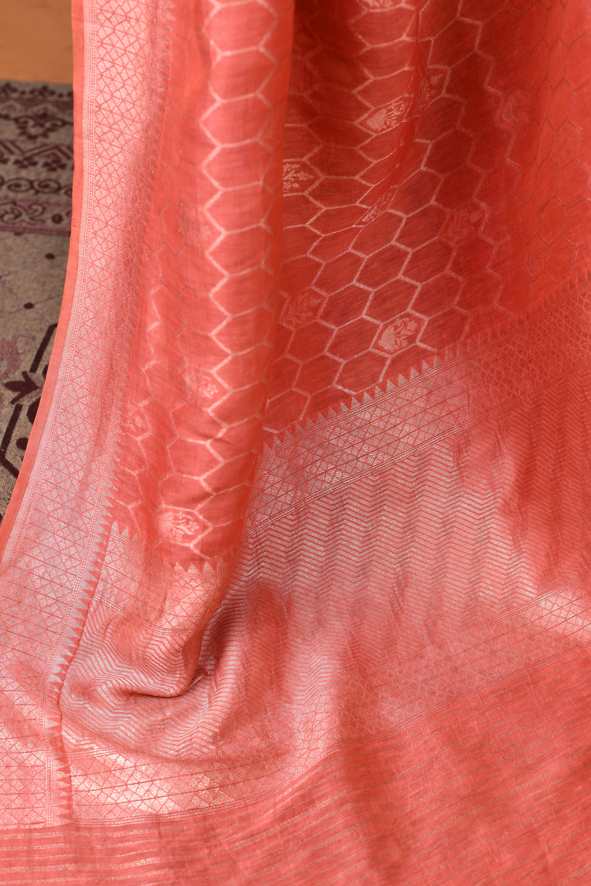 Pure Linen Georgette handloom Banarasi saree with silver zari kadwa weaving-Light Coral