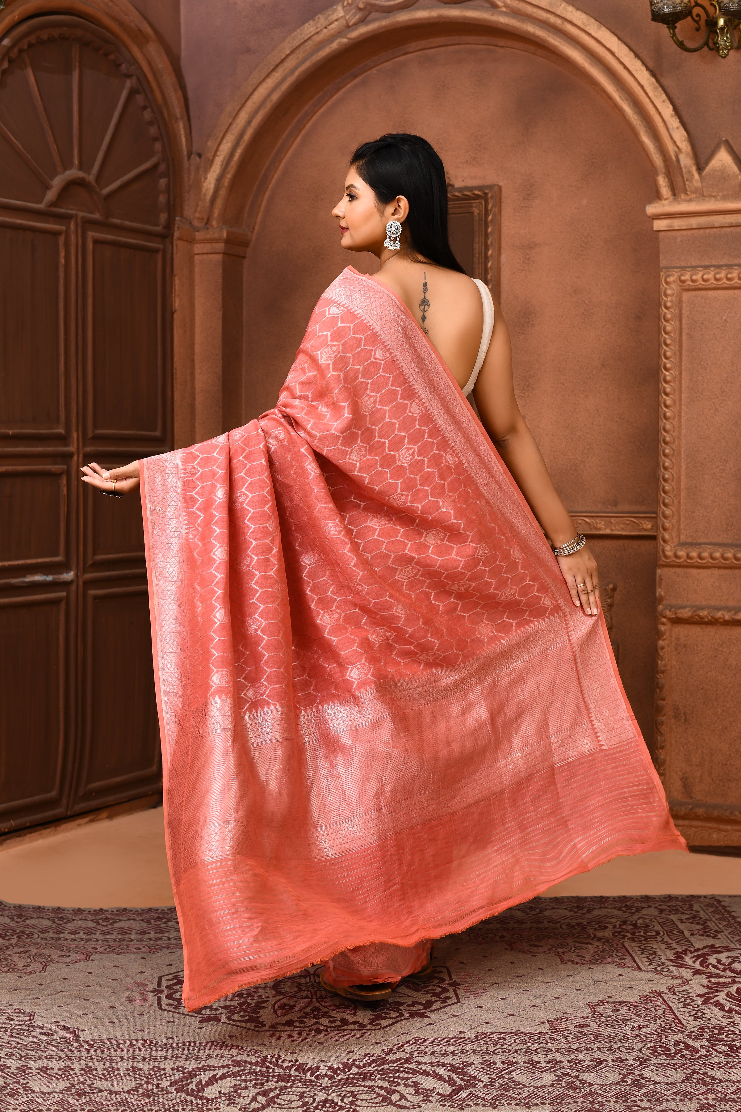 Pure Linen Georgette handloom Banarasi saree with silver zari kadwa weaving-Light Coral