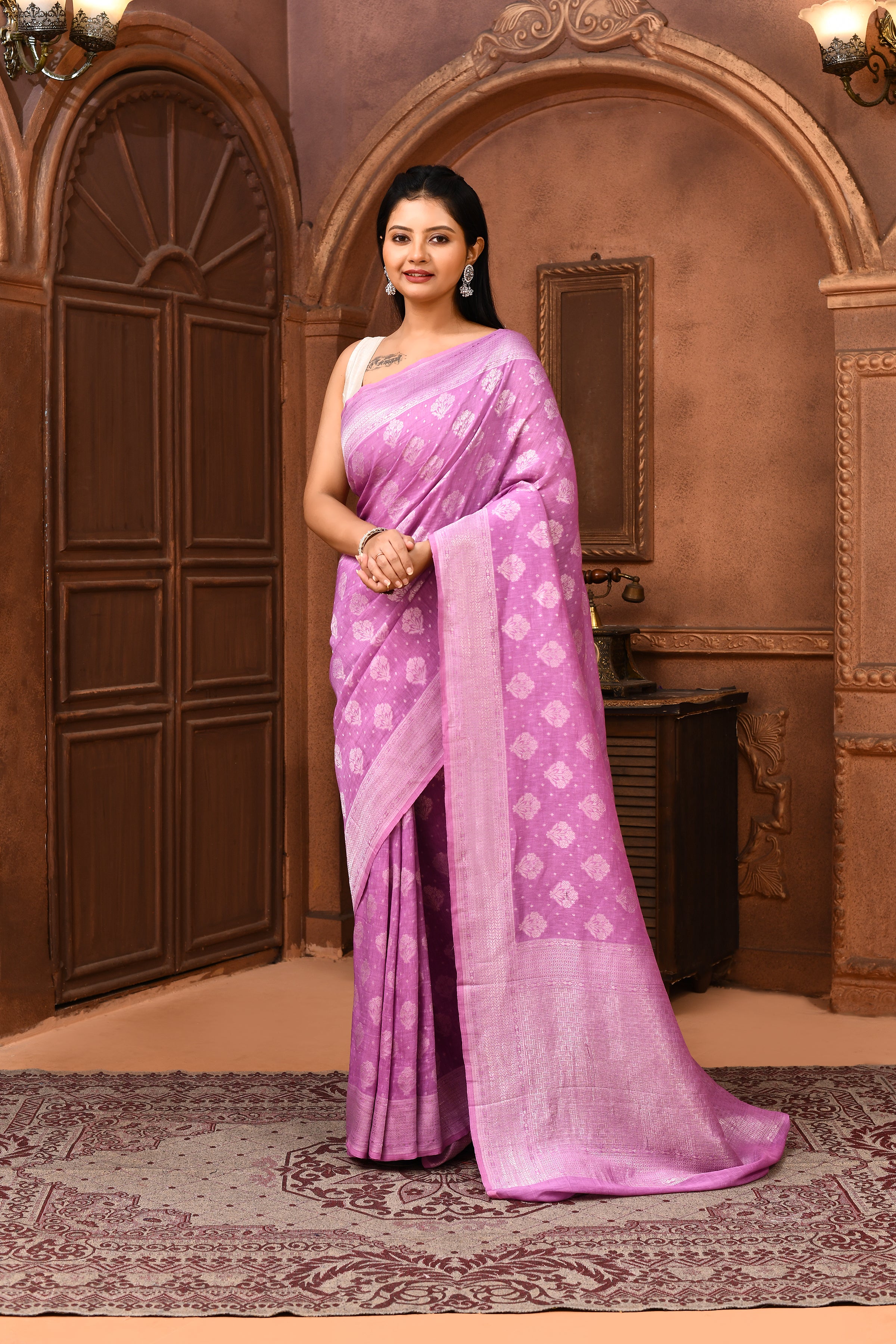 Pure Linen Georgette handloom Banarasi saree with silver zari kadwa weaving-Lavender