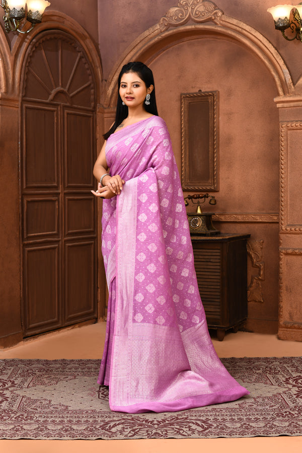 Pure Linen Georgette handloom Banarasi saree with silver zari kadwa weaving-Lavender