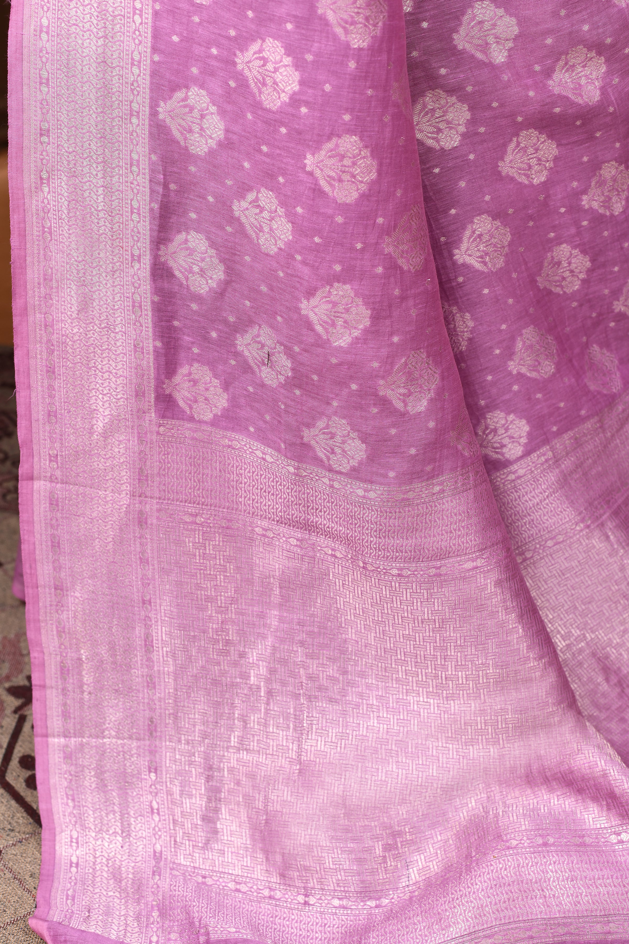 Pure Linen Georgette handloom Banarasi saree with silver zari kadwa weaving-Lavender